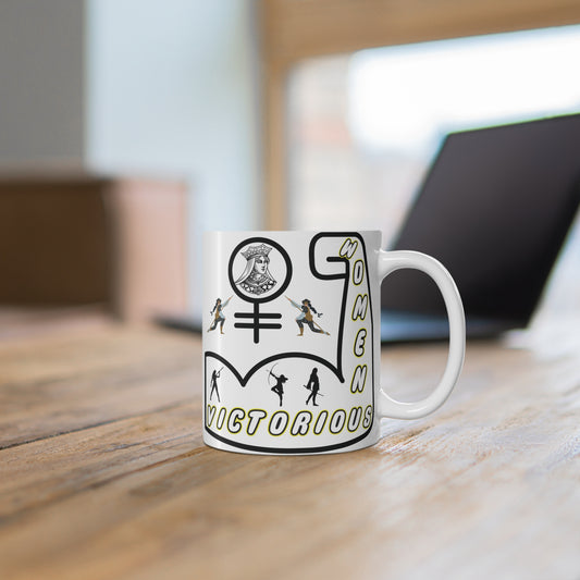 Women empowerment mug with ‘Strong Victorious’ text and female symbol design, feminist coffee mug on wooden table