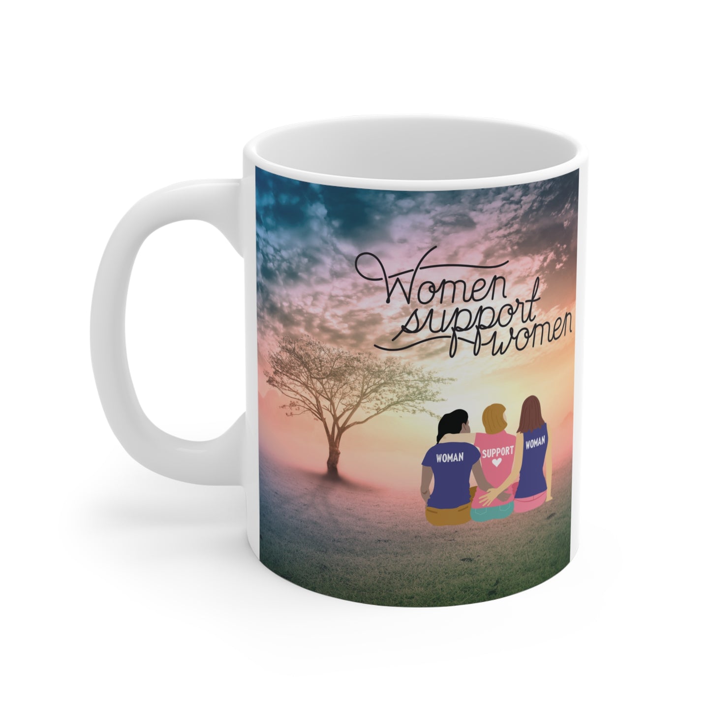 Inspirational feminist coffee mug featuring ‘Women Support Women’ quote with scenic sky and friendship design