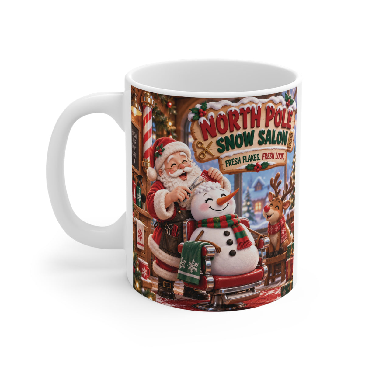 Vintage-style North Pole Christmas mug featuring Santa, snowman and festive holiday decorations, perfect for Christmas gifting