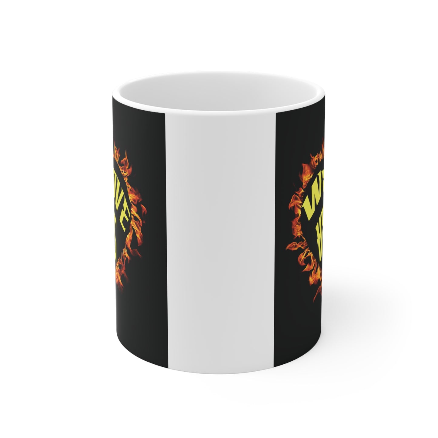Firefighter appreciation coffee mug featuring ‘We Love Heroes’ text with flames and fire rescue theme