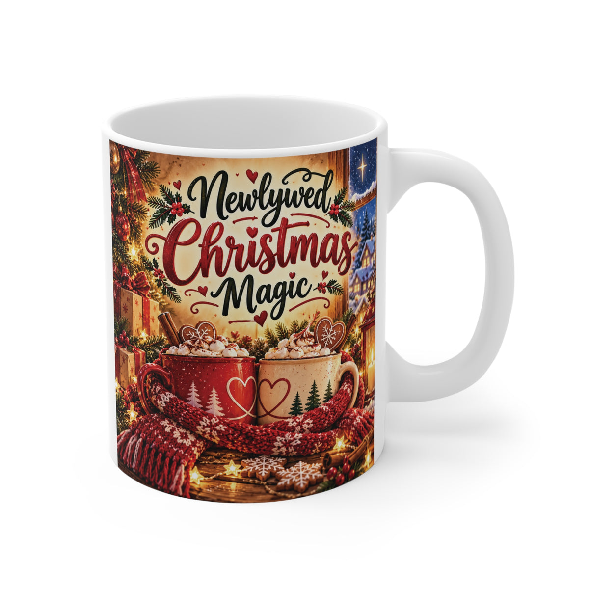 Newlywed Christmas Magic 11oz coffee mug featuring two cozy hot cocoa cups with hearts, a romantic first Christmas married gift for newlyweds.