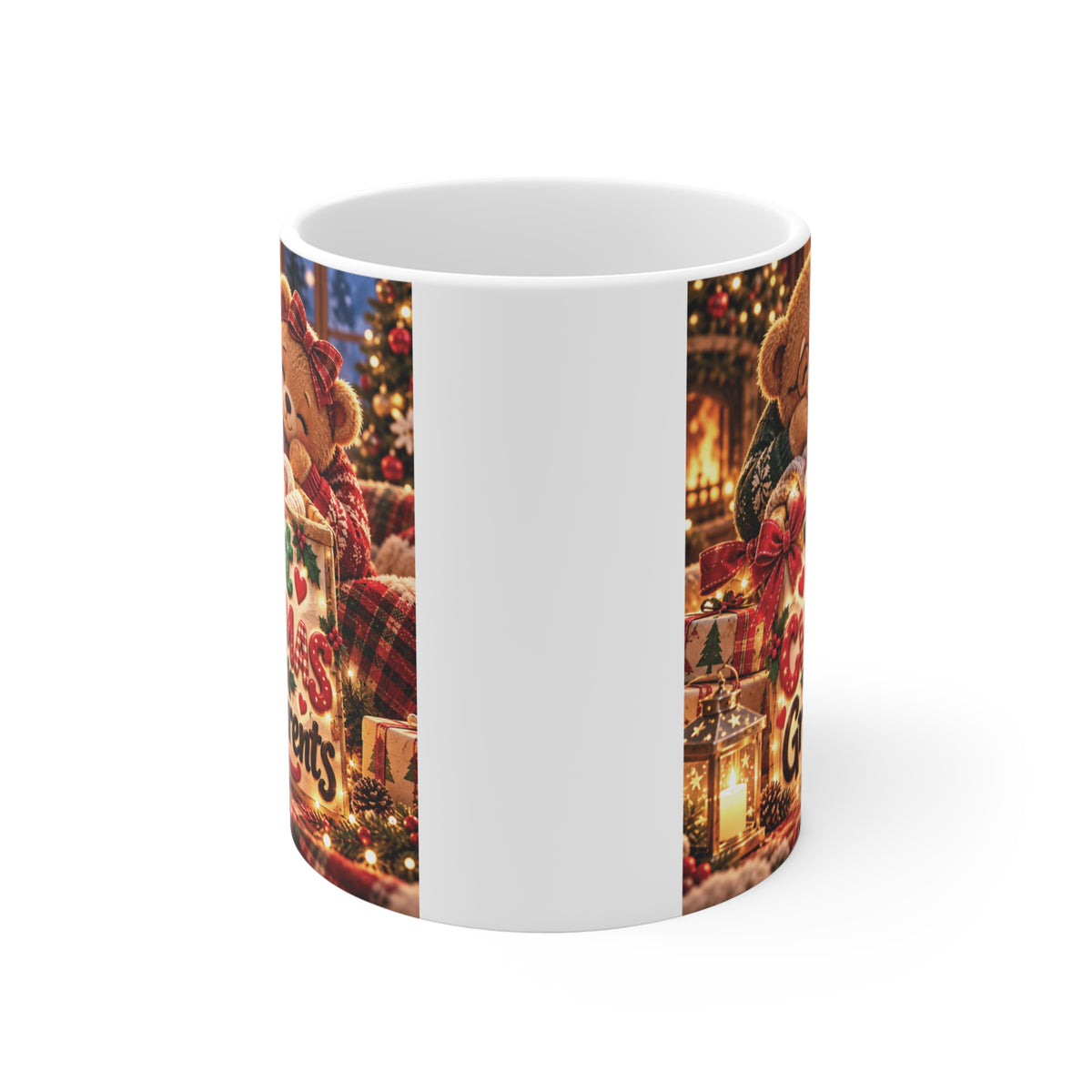 Cute teddy bear Christmas coffee mug with First Christmas as Grandparents lettering, featuring a cozy holiday illustration of a grandbaby with Grandma and Grandpa bears.