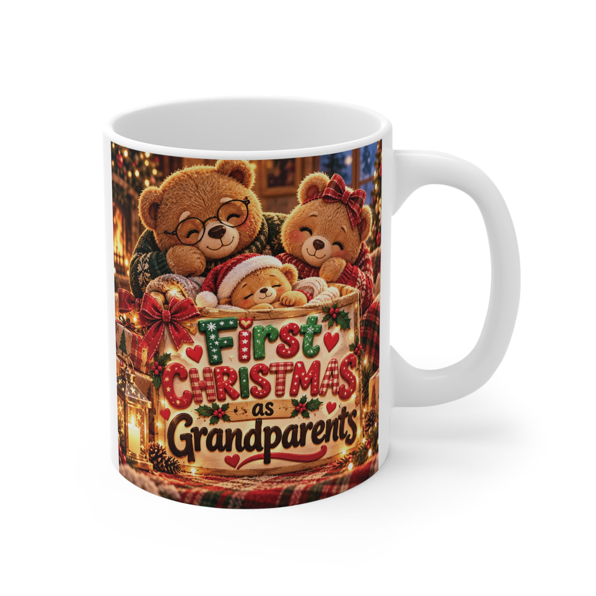First Christmas as Grandparents 11oz coffee mug featuring adorable teddy bear grandparents with their grandbaby, a sweet Christmas gift for new Grandma and Grandpa.