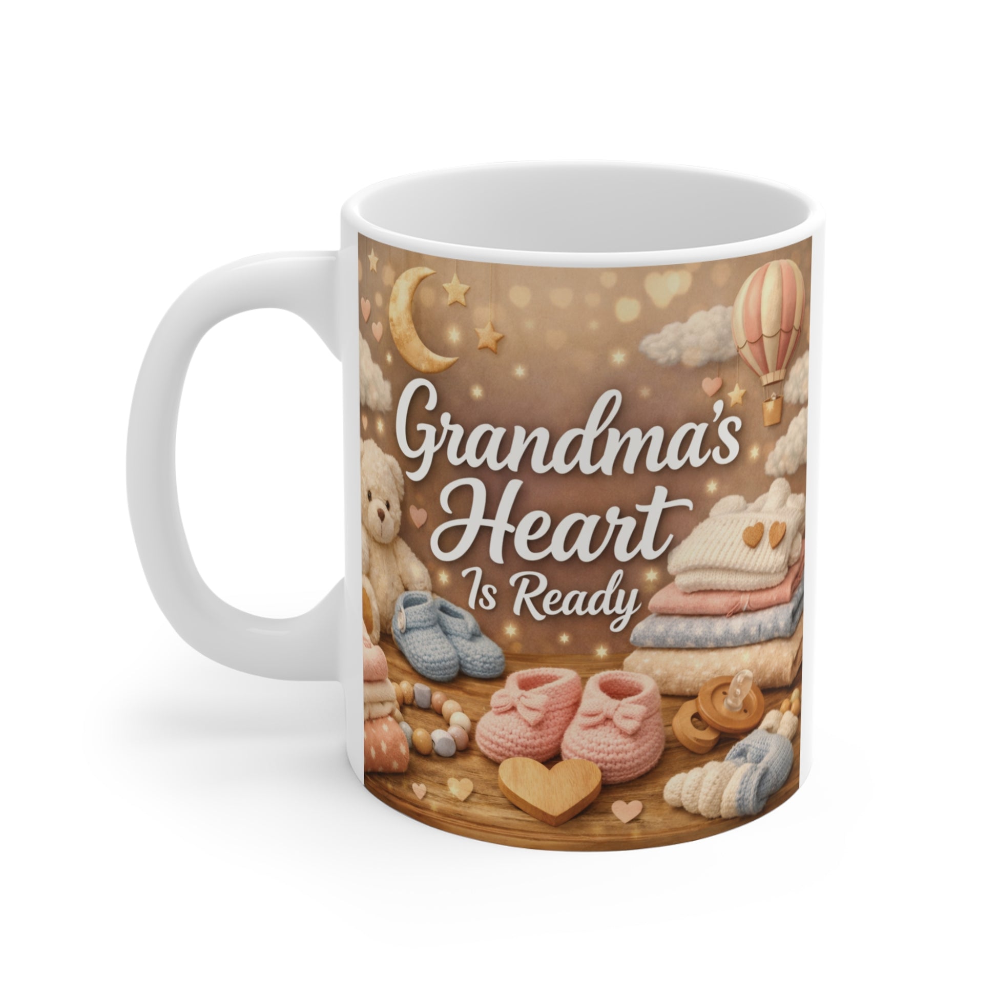 Heartwarming Grandma's Heart Is Ready ceramic mug designed for pregnancy announcements, baby showers, and first-time grandmas.