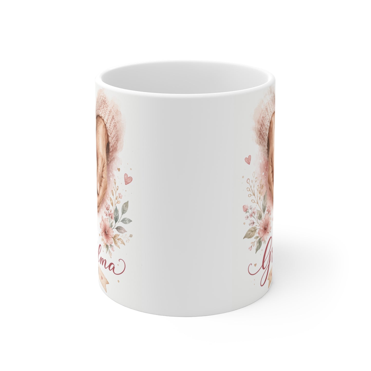 Cute new grandma gift mug featuring teddy bear, baby footprints, and soft floral watercolor artwork.
