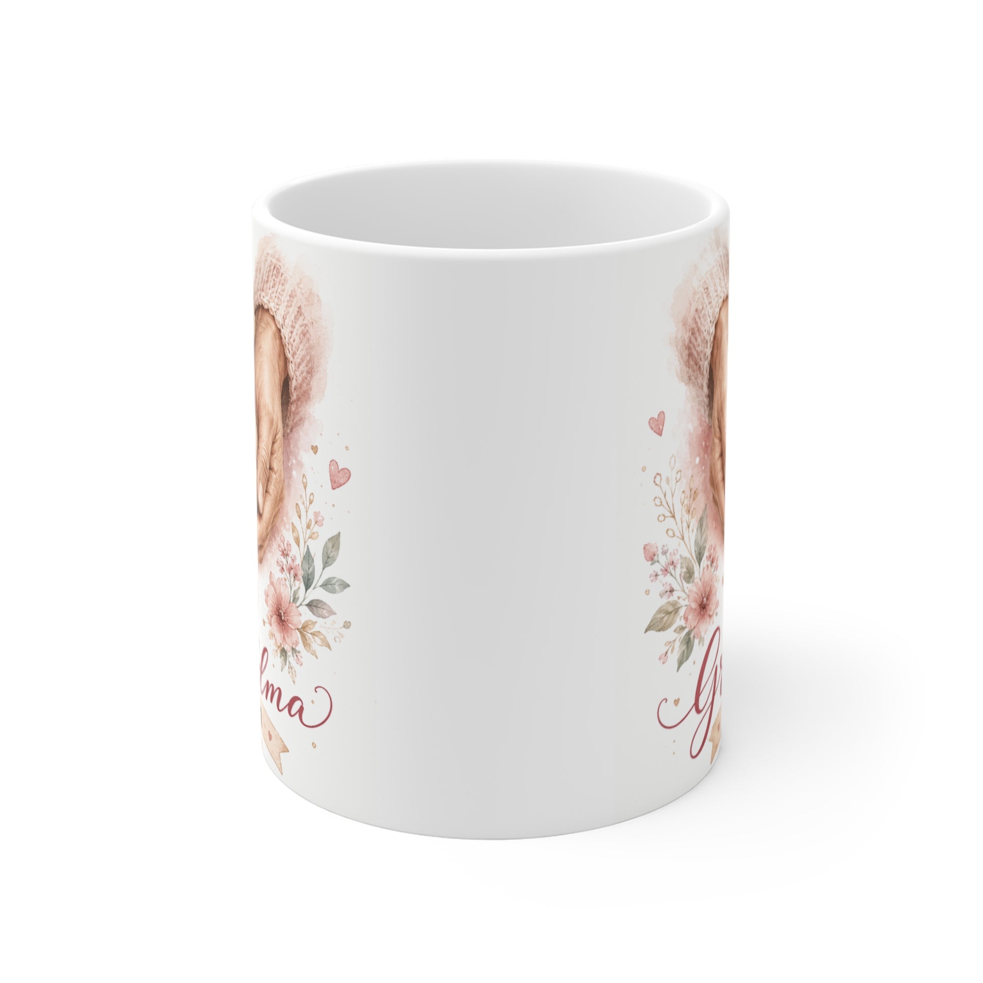 Cute new grandma gift mug featuring teddy bear, baby footprints, and soft floral watercolor artwork.