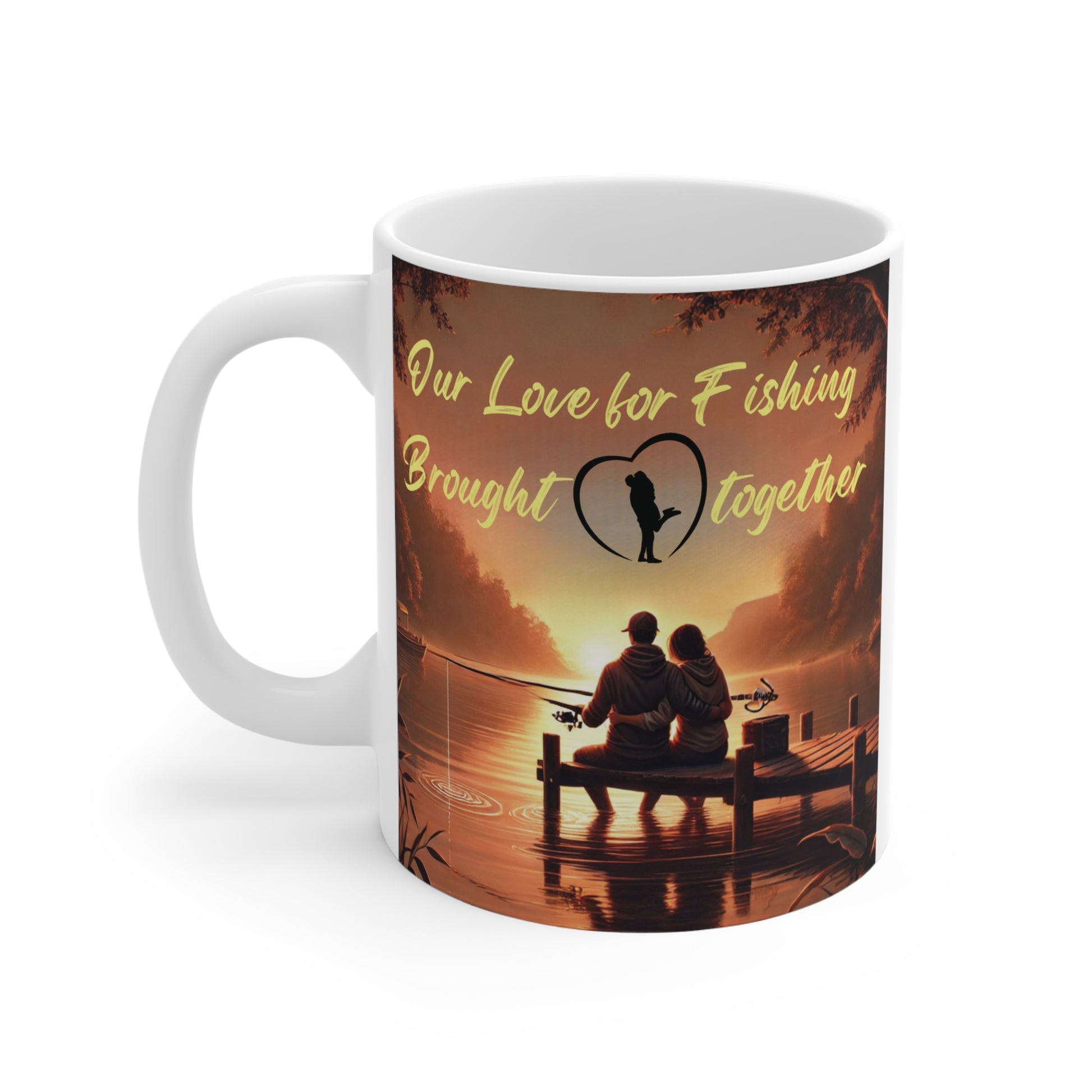 Fishing couple mug with sunset lake scene and “Our Love for Fishing Brought Together” quote, romantic gift