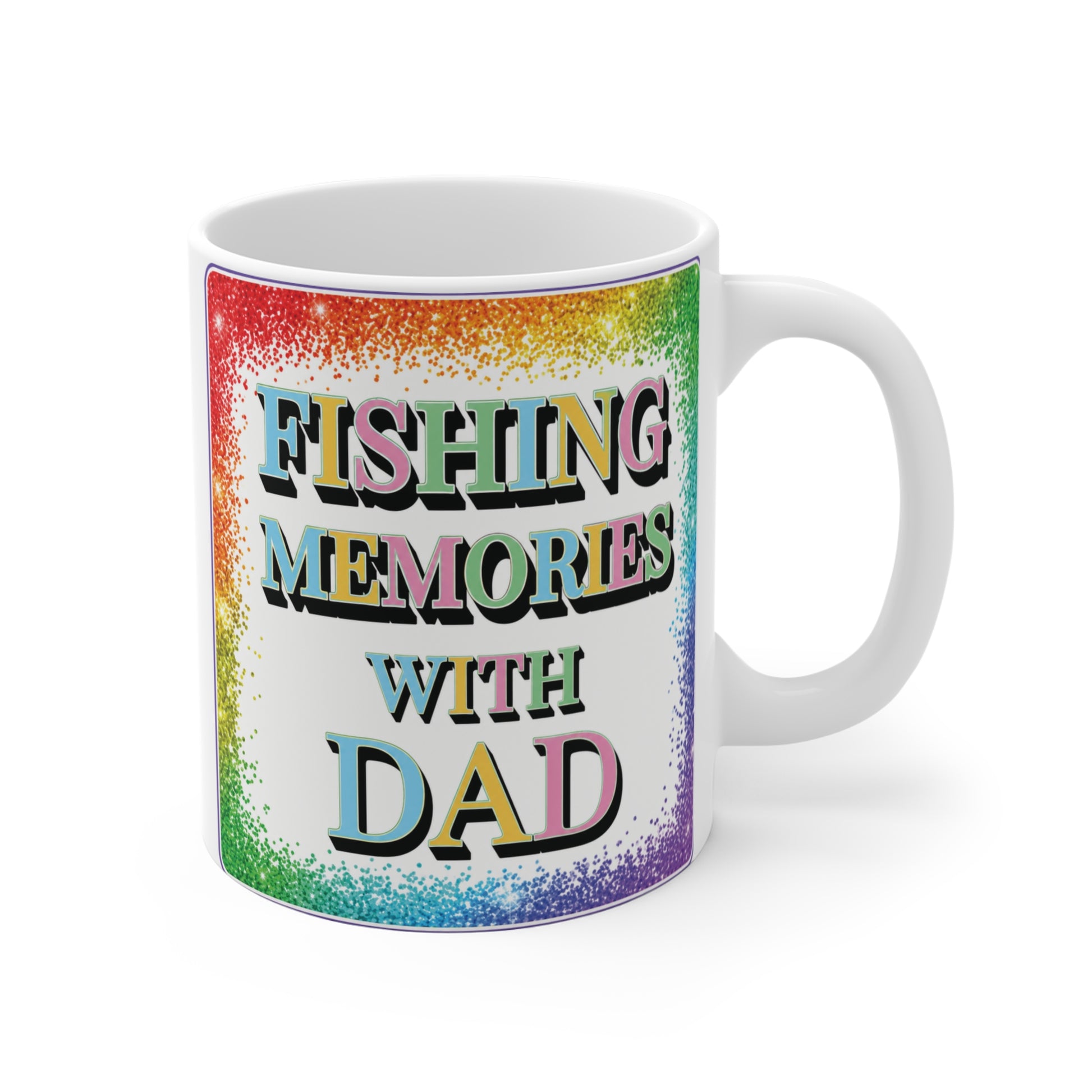 Fishing themed dad mug featuring cartoon fishing scene and bold Fishing Memories With Dad text