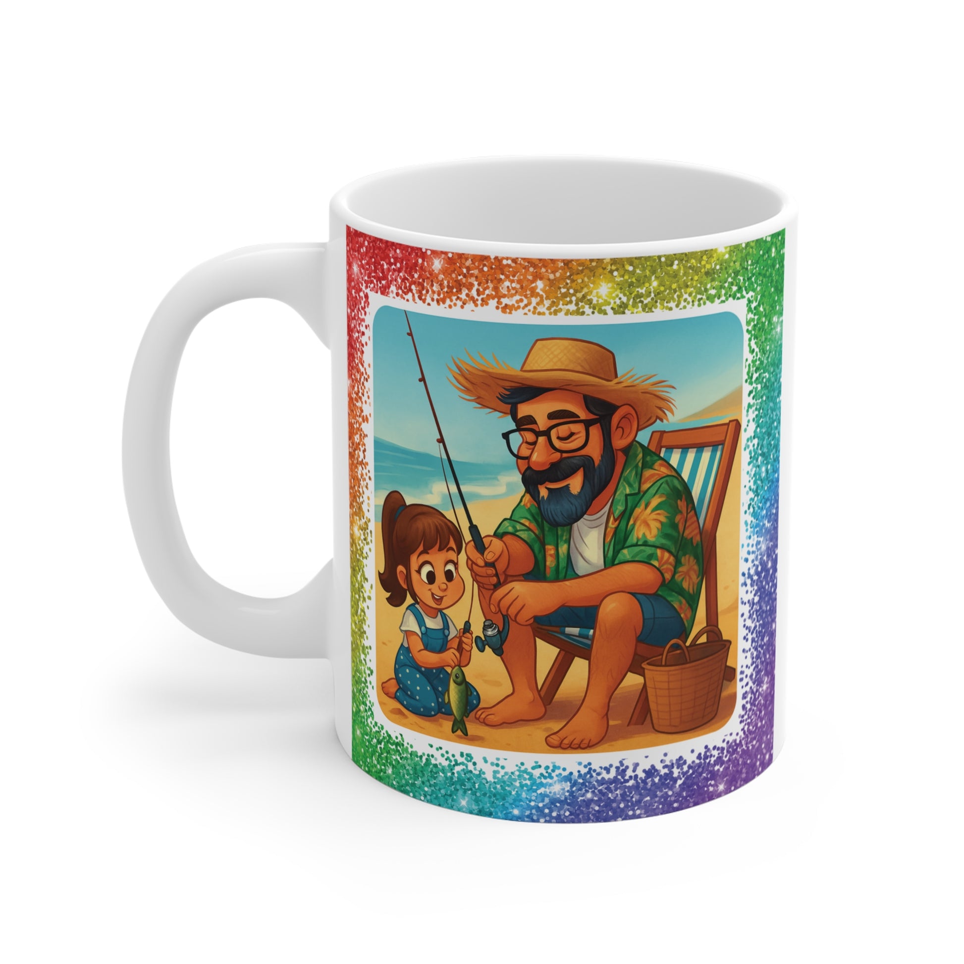Fishing Memories With Dad 11oz ceramic mug with colorful fishing artwork and rainbow glitter border