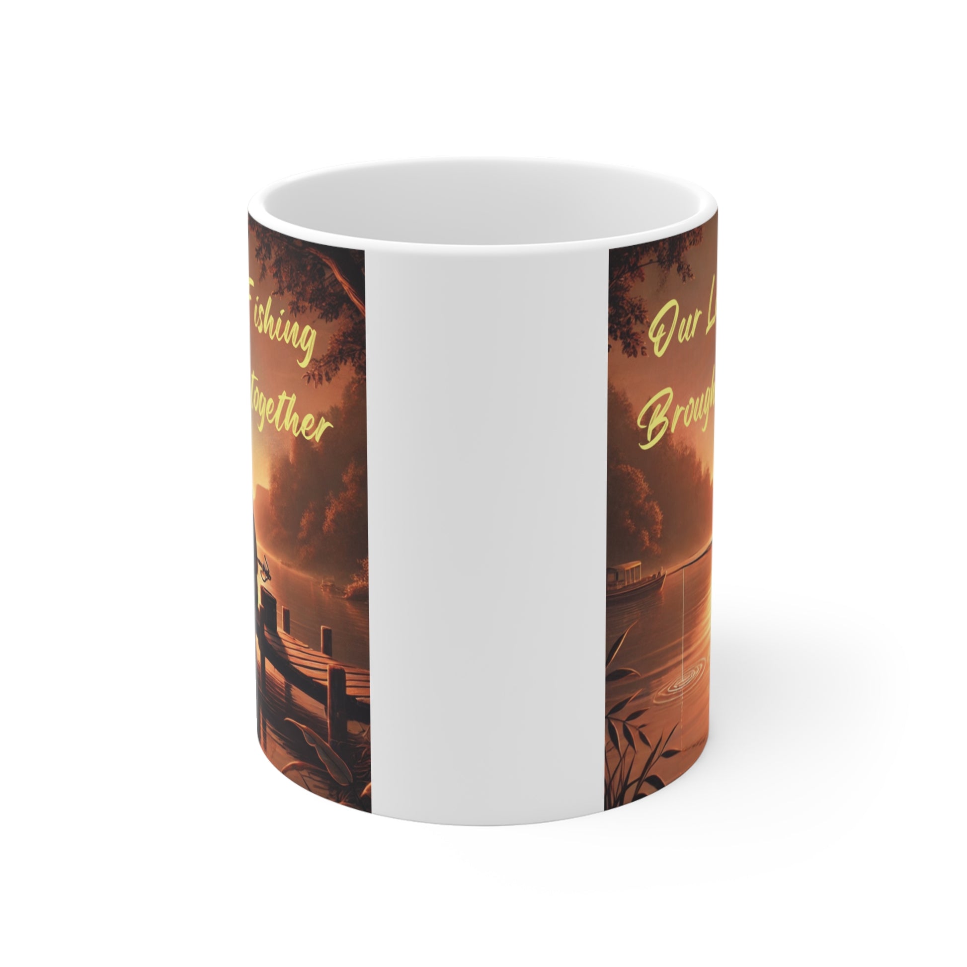 Cute fishing couple mug with warm sunset background, heart design, perfect gift for anglers and couples