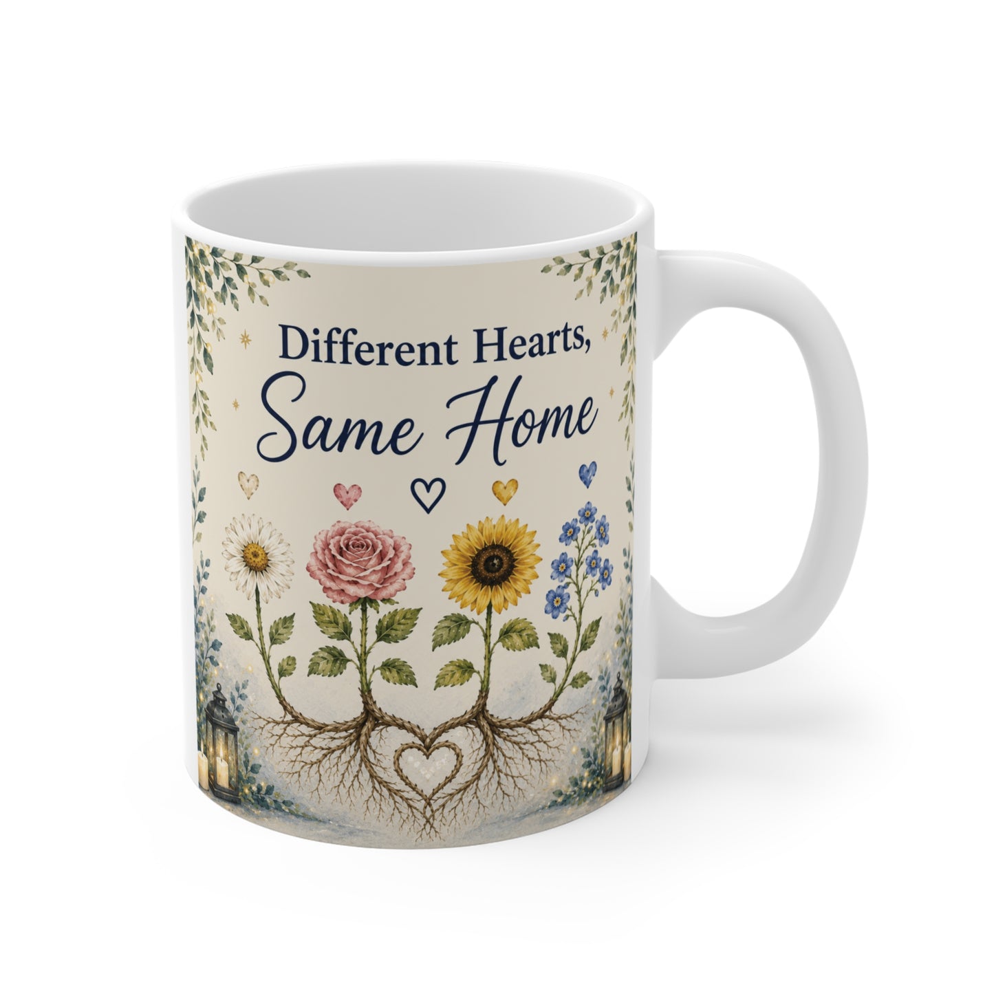 Watercolor floral 11oz ceramic mug with the phrase “Different Hearts, Same Home” featuring flowers and heart-shaped roots design.