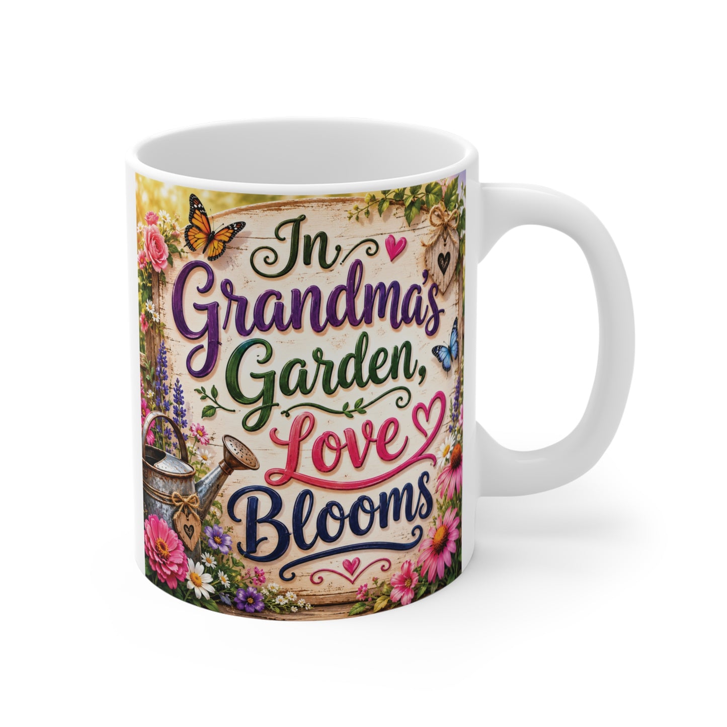 11oz white ceramic mug featuring colorful flowers, butterflies, and the quote "In Grandma's Garden Love Blooms" for Grandma gift.