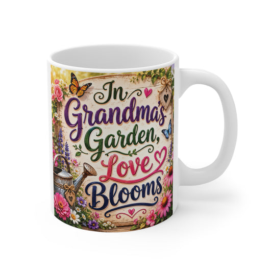 11oz white ceramic mug featuring colorful flowers, butterflies, and the quote "In Grandma's Garden Love Blooms" for Grandma gift.