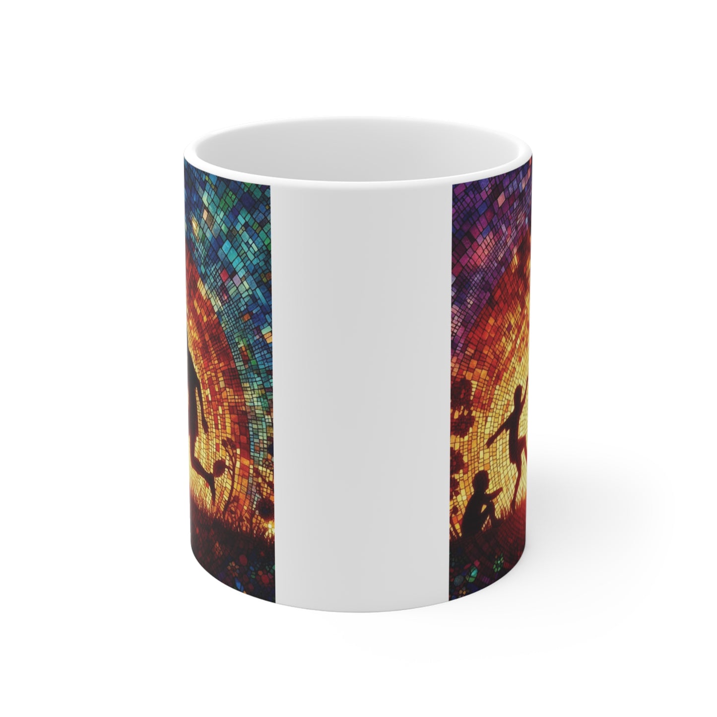 Soccer gift mug with a colorful mosaic illustration of a family playing sports, perfect for Father's Day or soccer coaches.