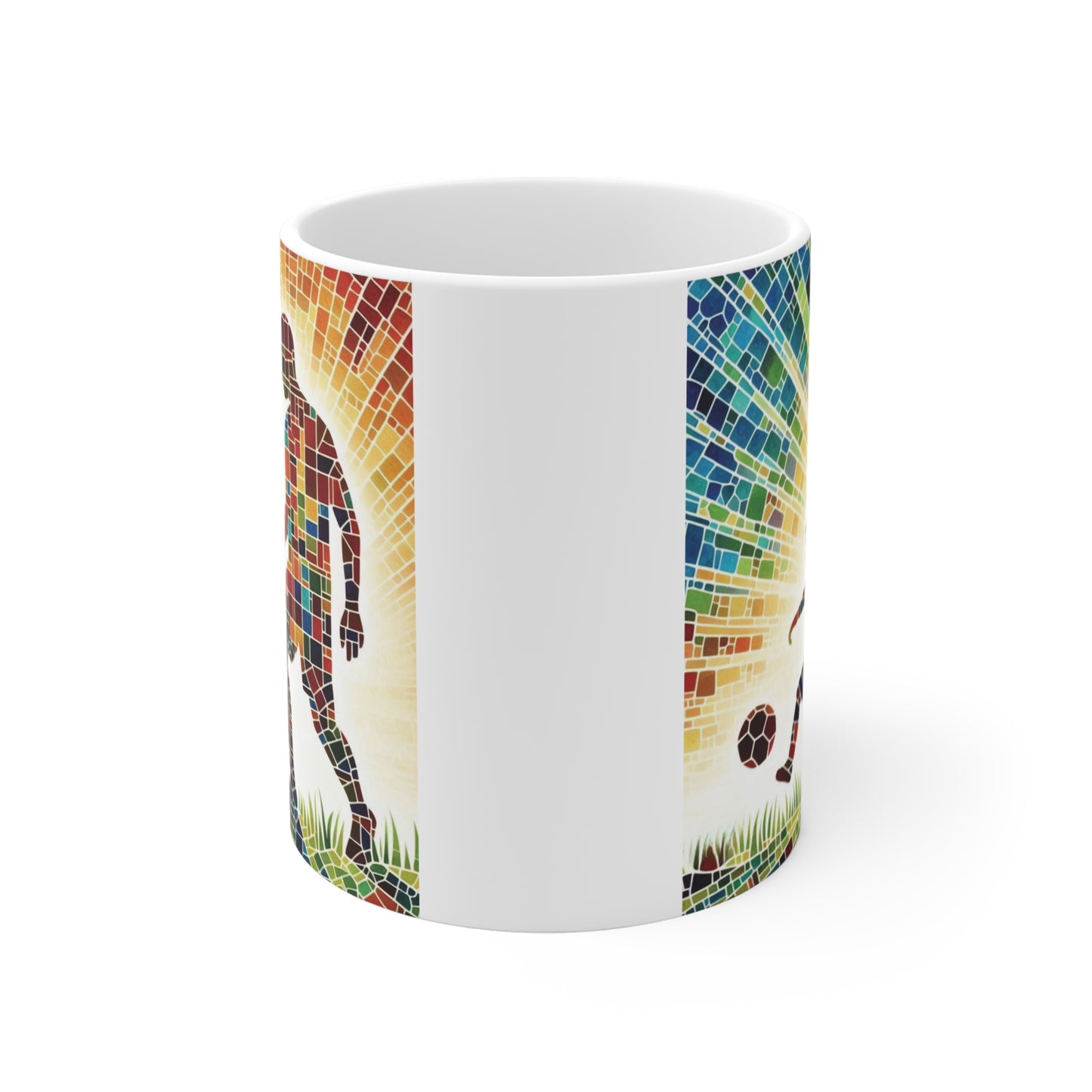 Artistic soccer dad and child mug with bright stained glass effect, heartwarming parent child moment