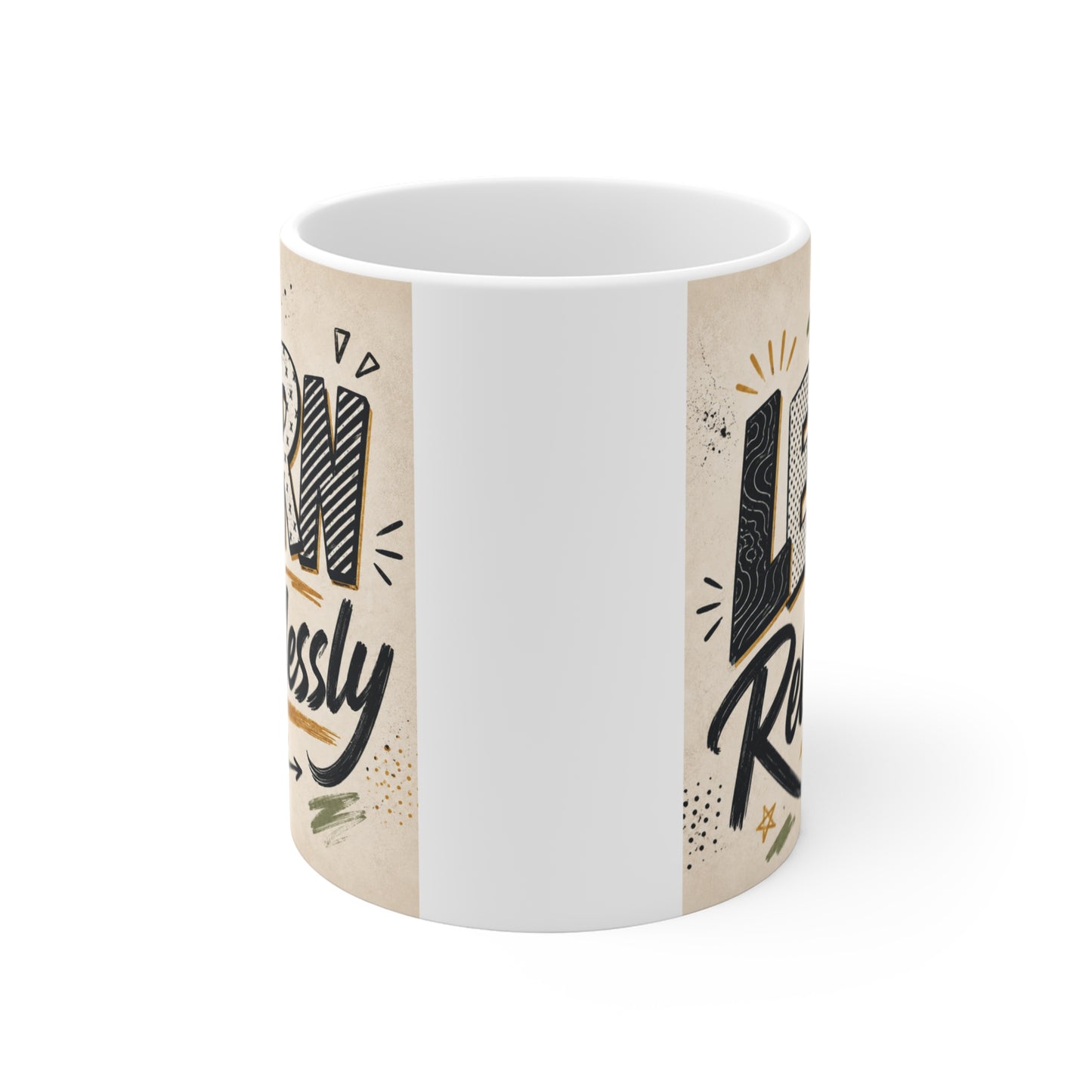 Inspirational study-themed ceramic mug with bold Learn Relentlessly lettering