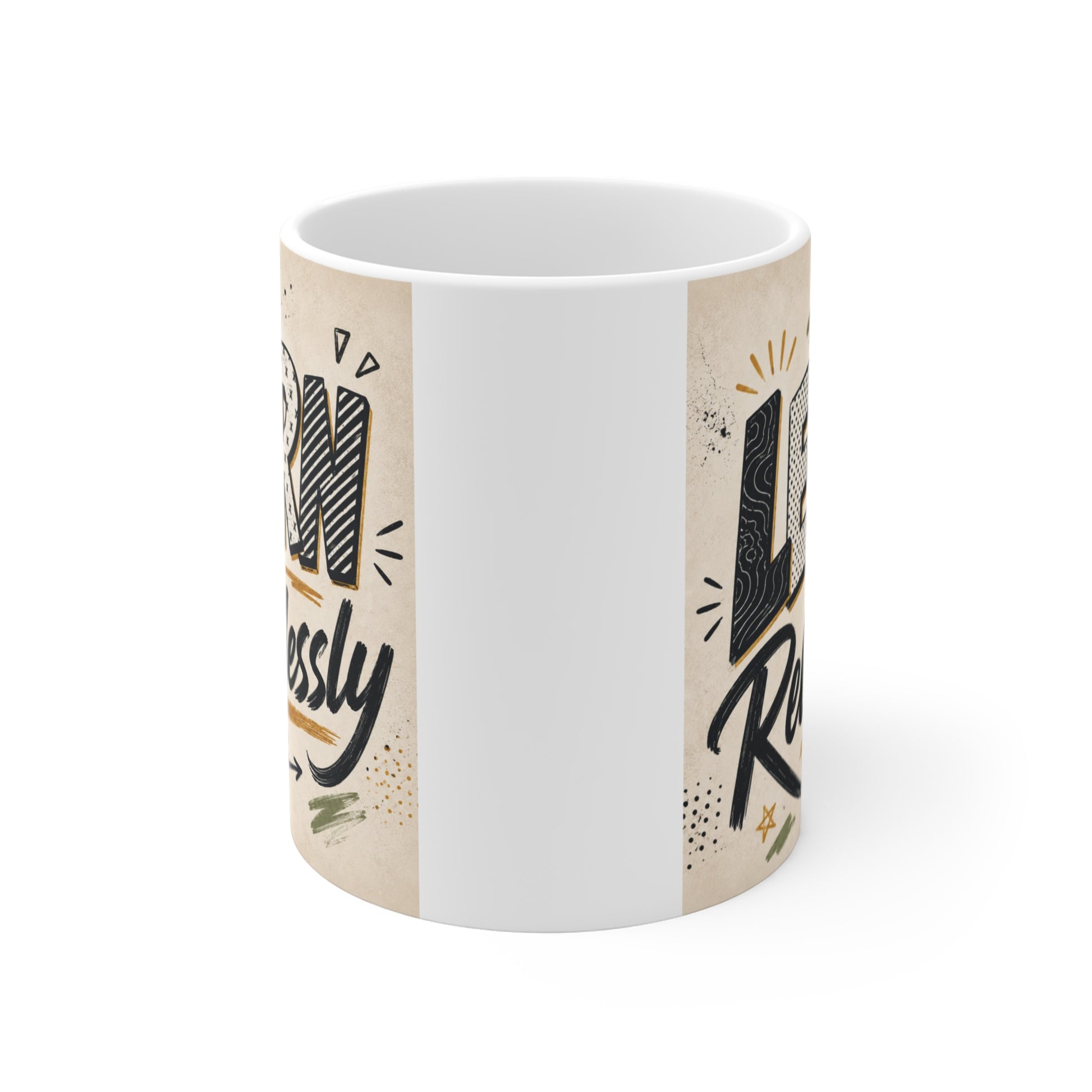 Inspirational study-themed ceramic mug with bold Learn Relentlessly lettering