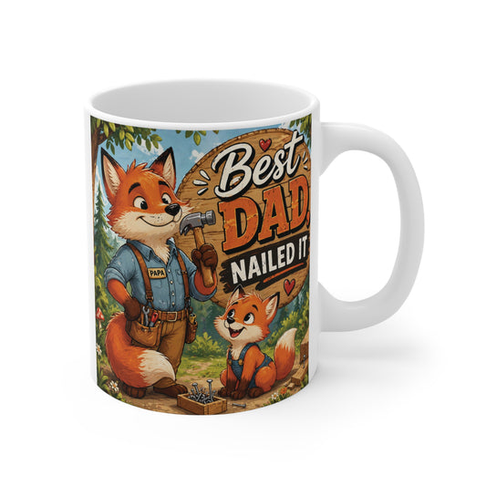 Best Dad Nailed It fox mug with cute father and baby fox illustration on 11oz ceramic coffee cup