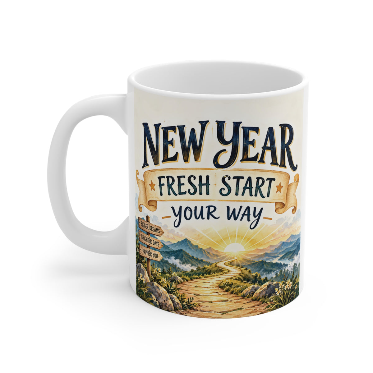 Fresh Start New Year 11oz coffee mug with uplifting sunrise landscape, mountain trail and positive motivational message.