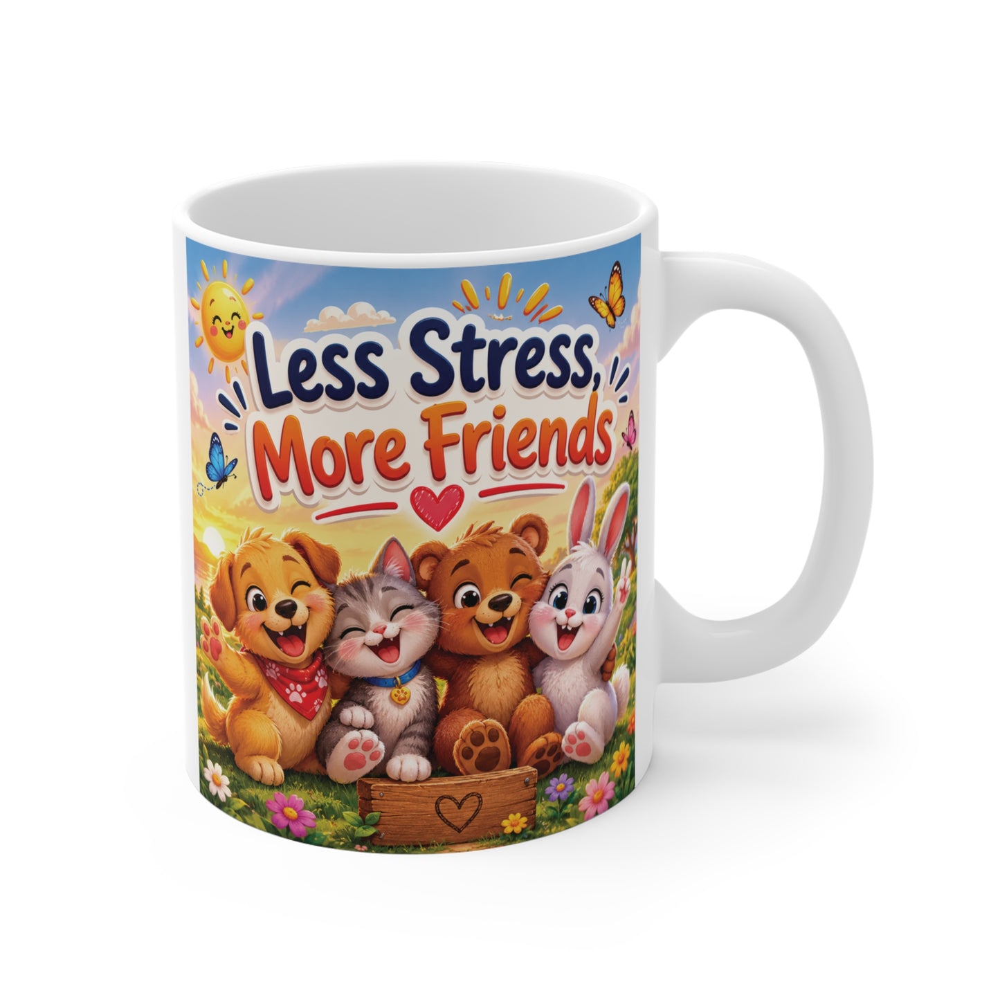 Inspirational best friend gift mug with colorful Less Stress More Friends quote printed on an 11oz ceramic cup.