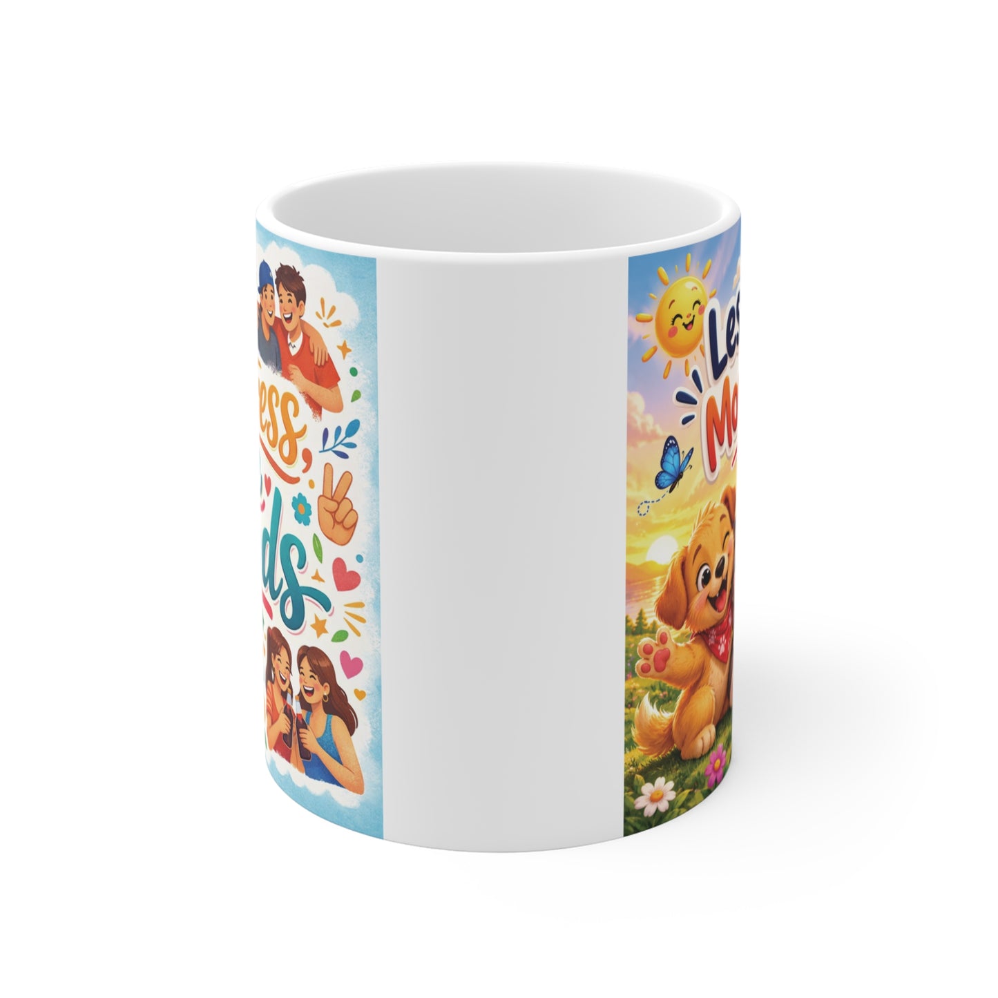 Cute friendship coffee mug featuring Less Stress More Friends design with hearts, flowers, and cheerful characters.