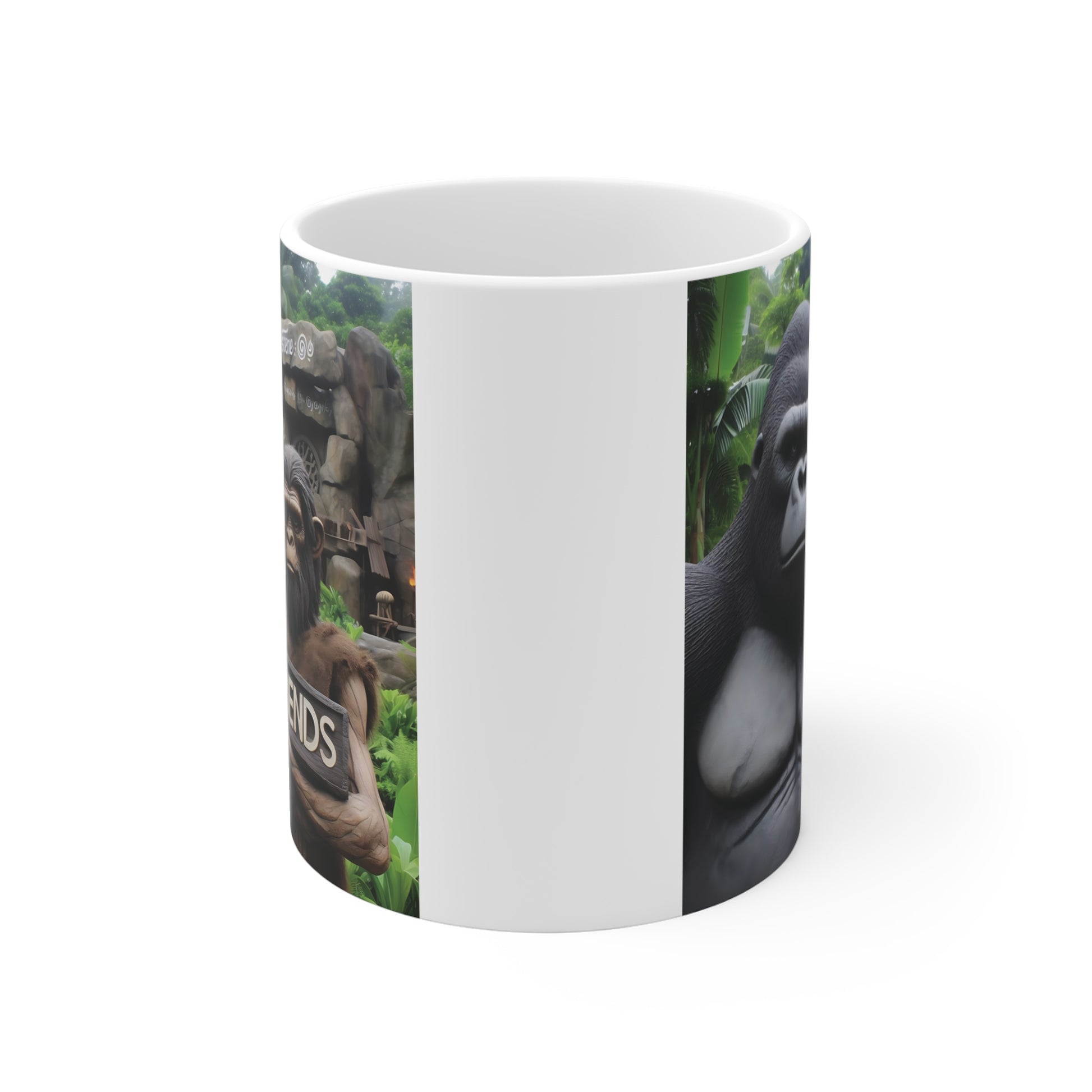 Ceramic friendship mug with a large gorilla and a chimpanzee-like ape holding a Friends plaque against a tropical rainforest background.