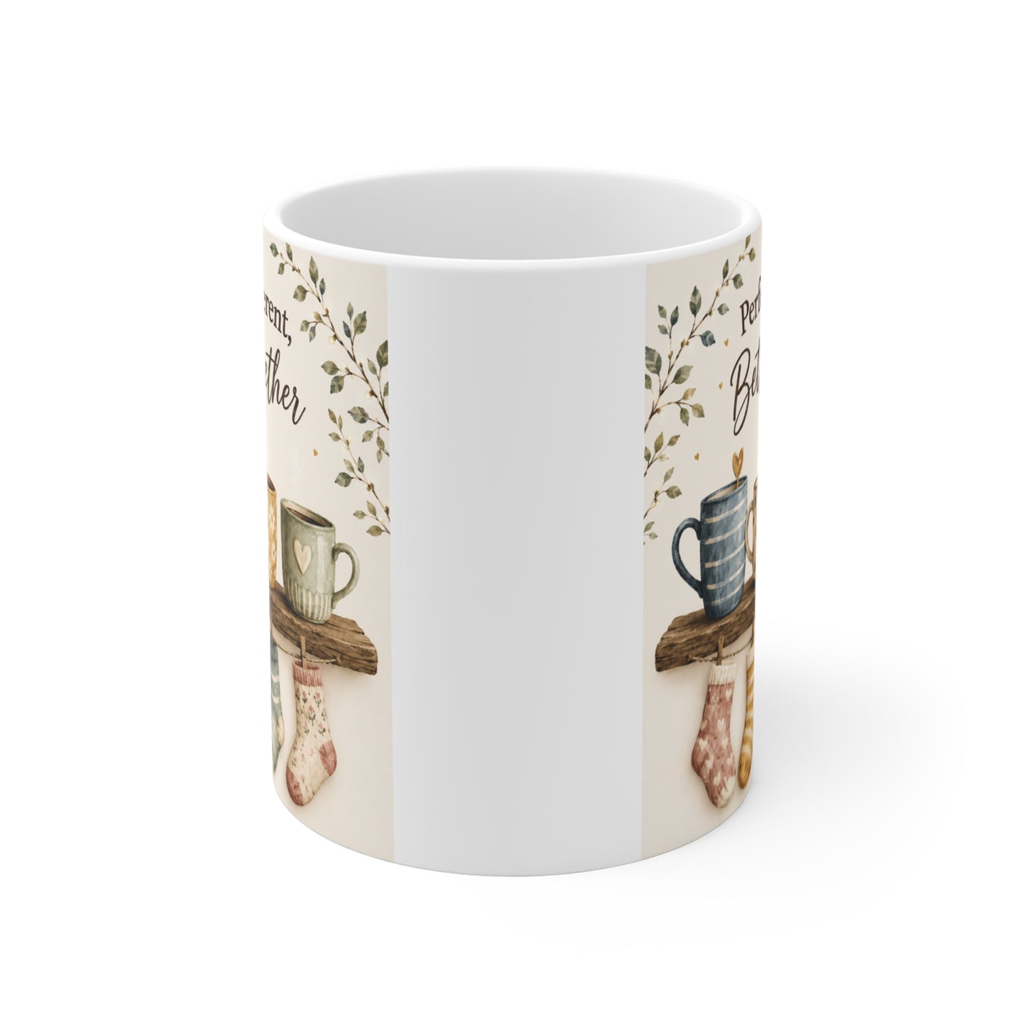 Rustic farmhouse coffee mug featuring cozy watercolor mugs, hanging socks, and inspirational family quote