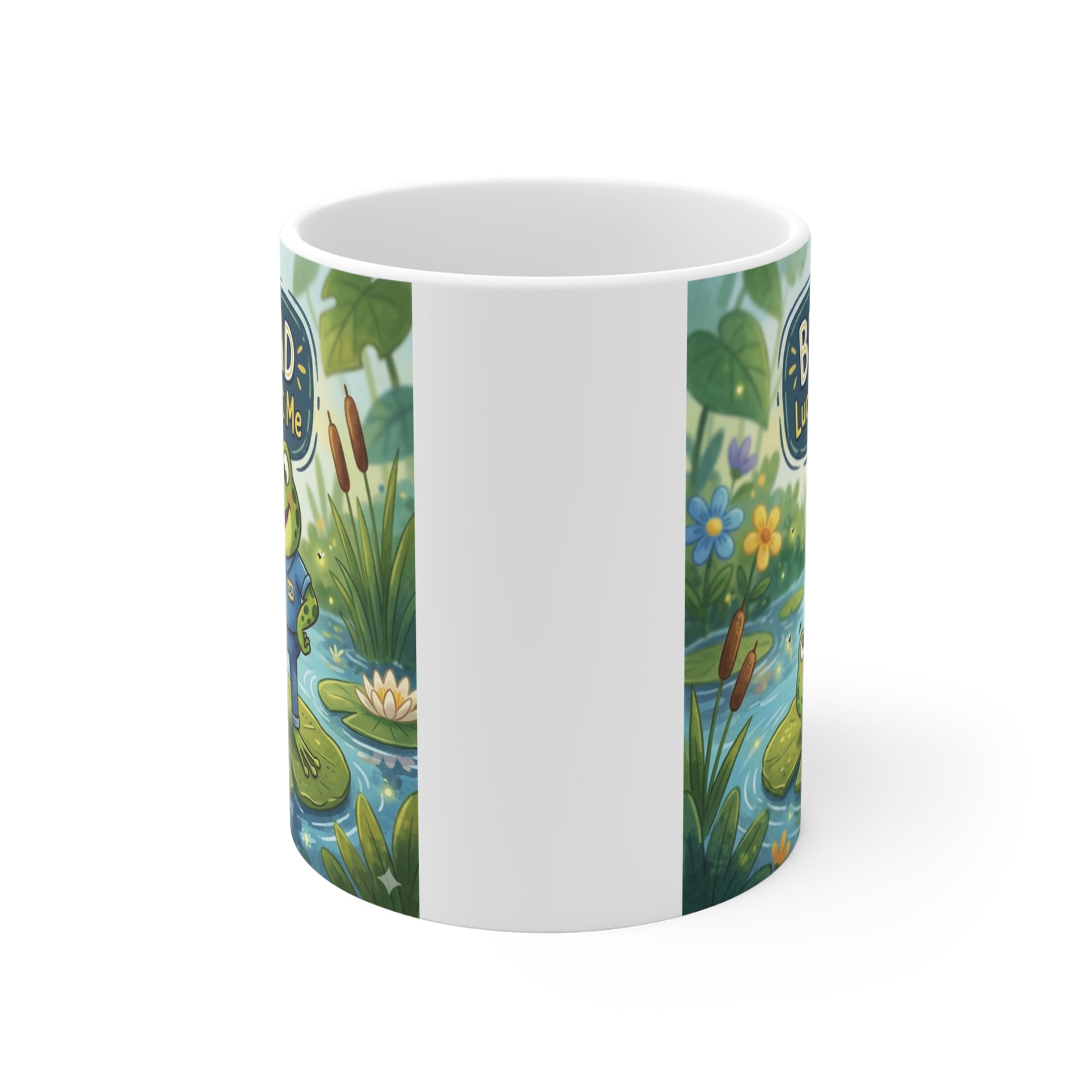 Cartoon frog dad mug with “Lucky You Got Me” quote, unique and humorous gift for dad, white ceramic 11oz mug