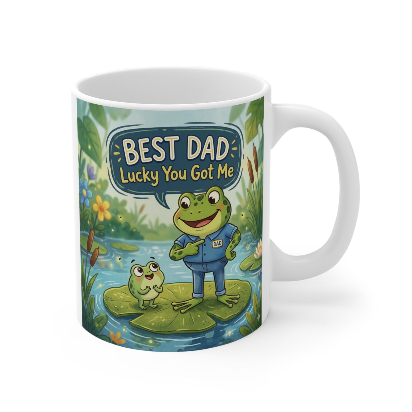 Best Dad Lucky You Got Me frog mug, cute cartoon dad and baby frog design on 11oz ceramic coffee cup gift for father