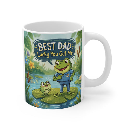 Best Dad Lucky You Got Me frog mug, cute cartoon dad and baby frog design on 11oz ceramic coffee cup gift for father