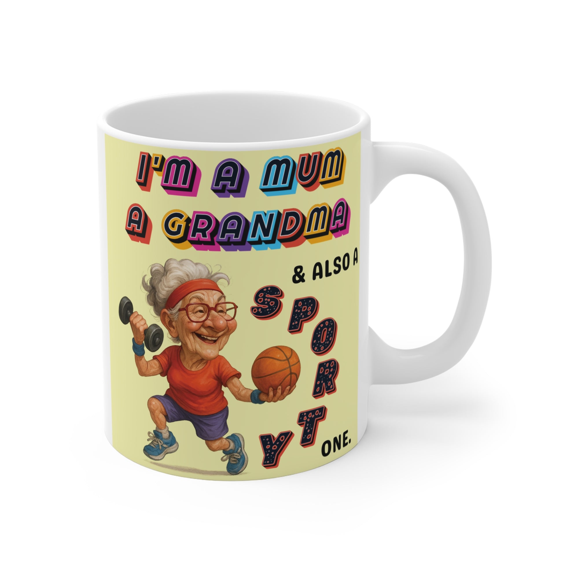 Cute fitness grandma coffee mug with funny quote and cartoon senior woman exercising, perfect gift for sporty grandma