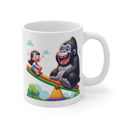 Cute gorilla and little girl playing on seesaw, colorful cartoon playground scene on white coffee mug