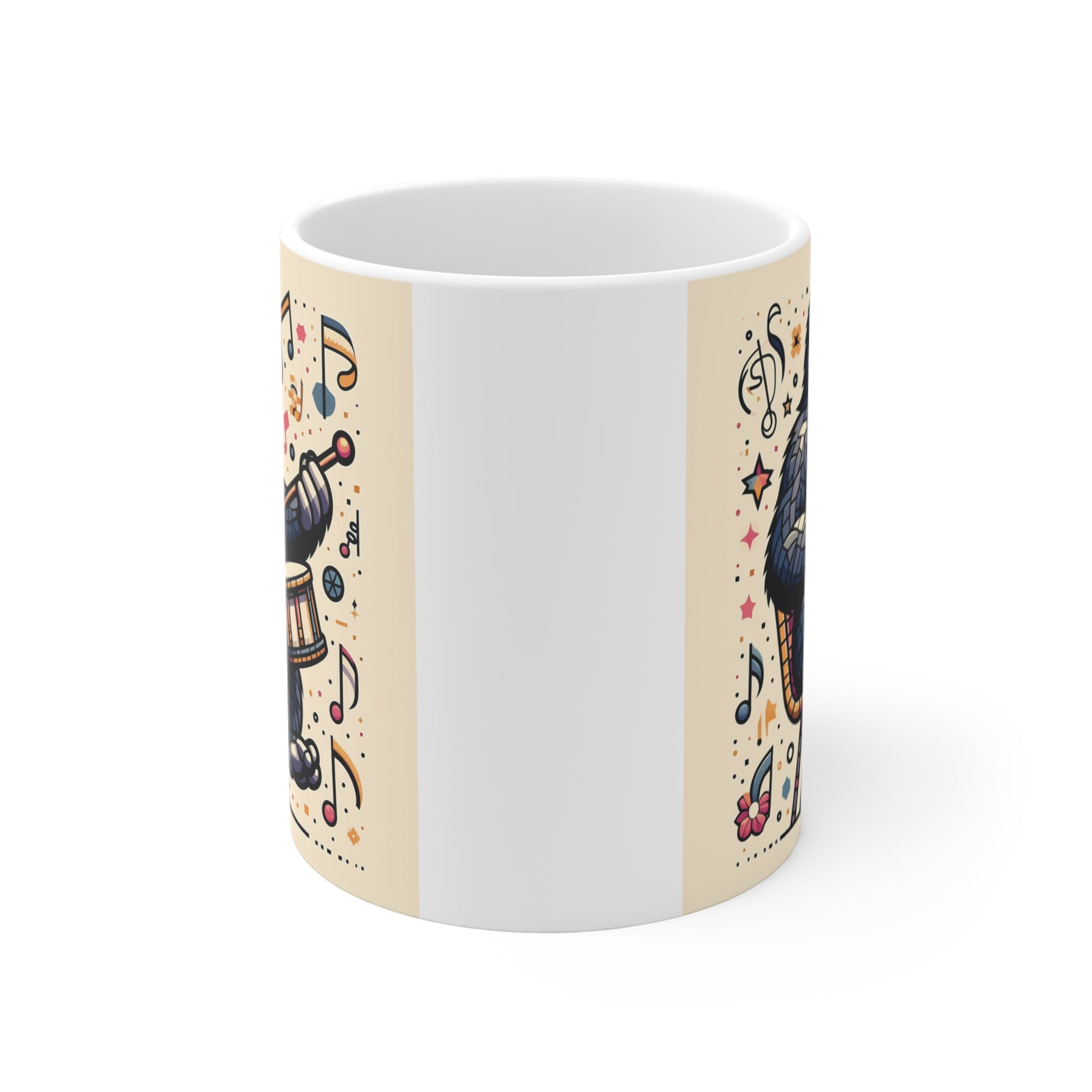 Funny gorilla playing drum ceramic mug featuring vibrant music theme illustration and whimsical ape design