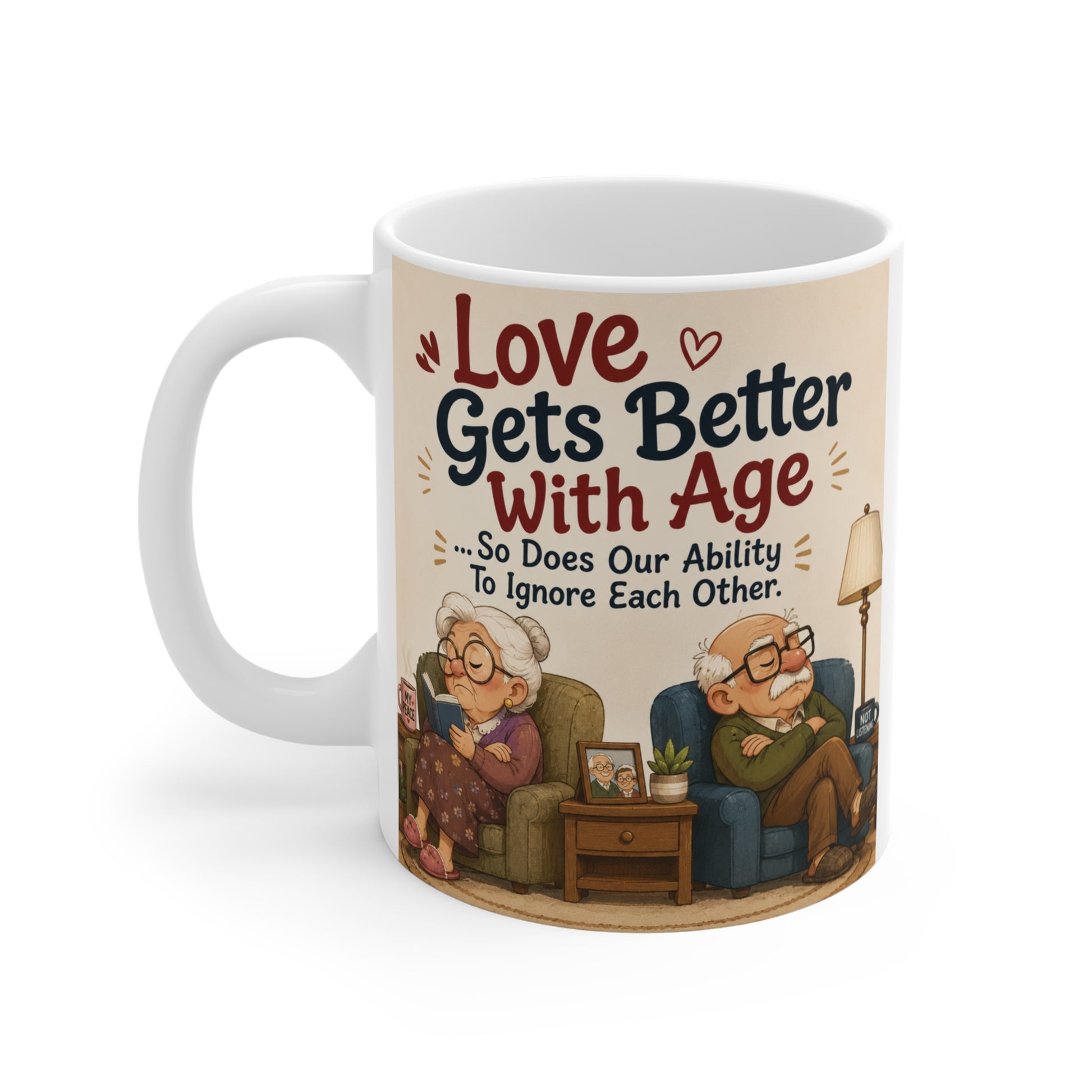 Cute senior couple coffee mug displaying the funny saying "Love Gets Better With Age... So Does Our Ability To Ignore Each Other," a unique 11oz ceramic gift for weddings, anniversaries, retirement, and Valentine's Day.
