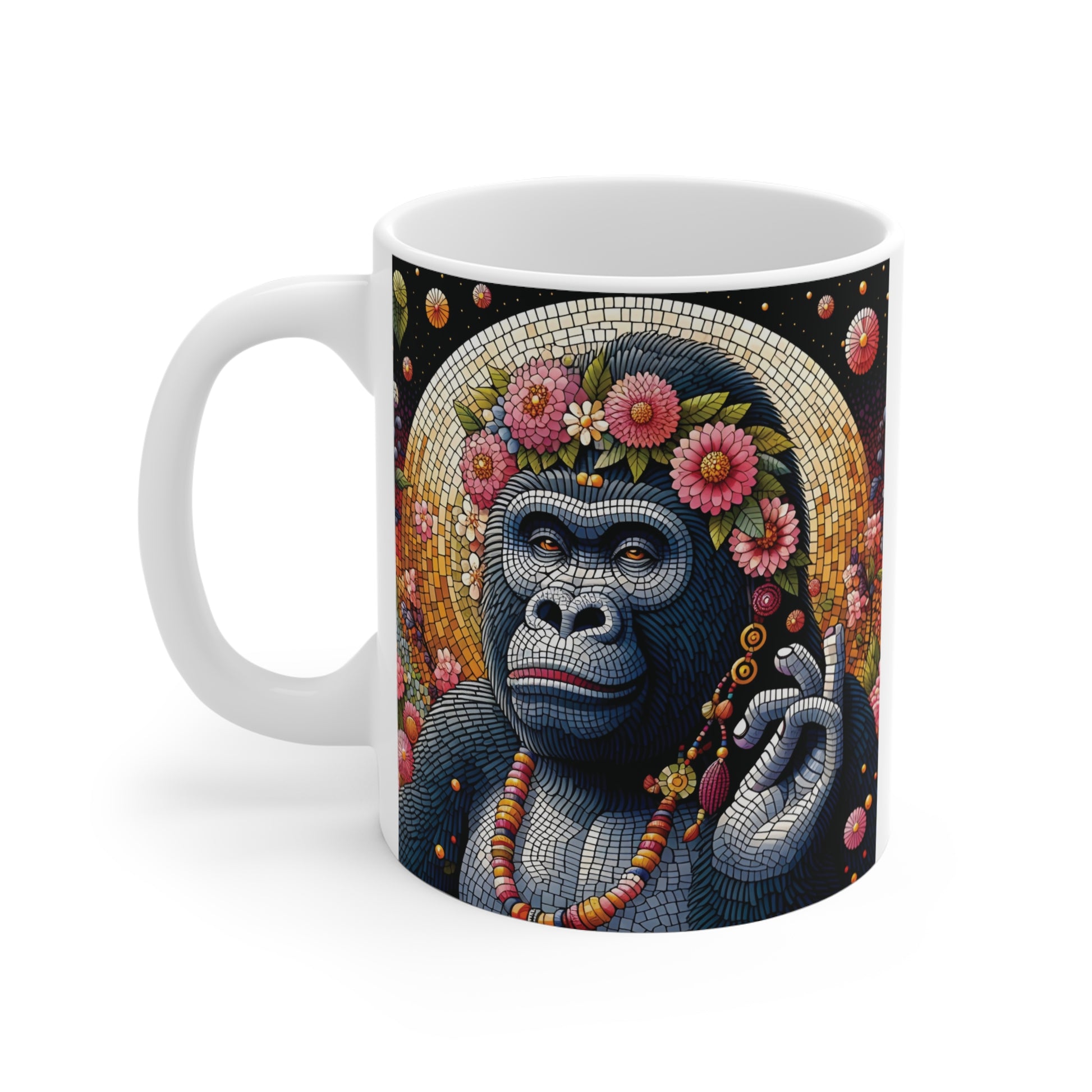 White ceramic mug showcasing a detailed floral gorilla mosaic illustration with pink flowers, decorative beads, and colorful artistic background.