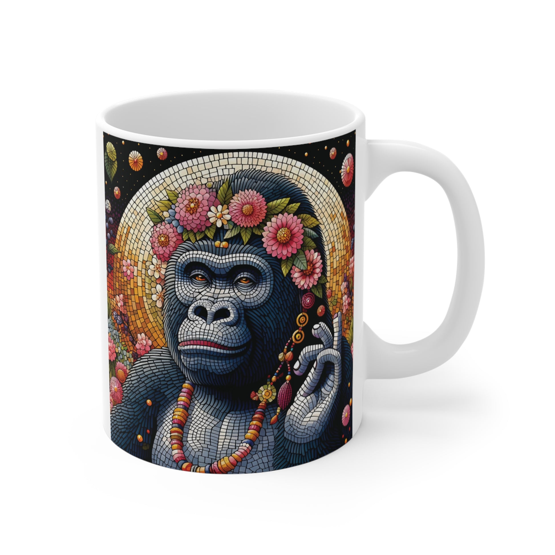 Colorful mosaic gorilla mug featuring a gorilla with a floral crown, stained glass style artwork, and vibrant floral background on a white ceramic cup.