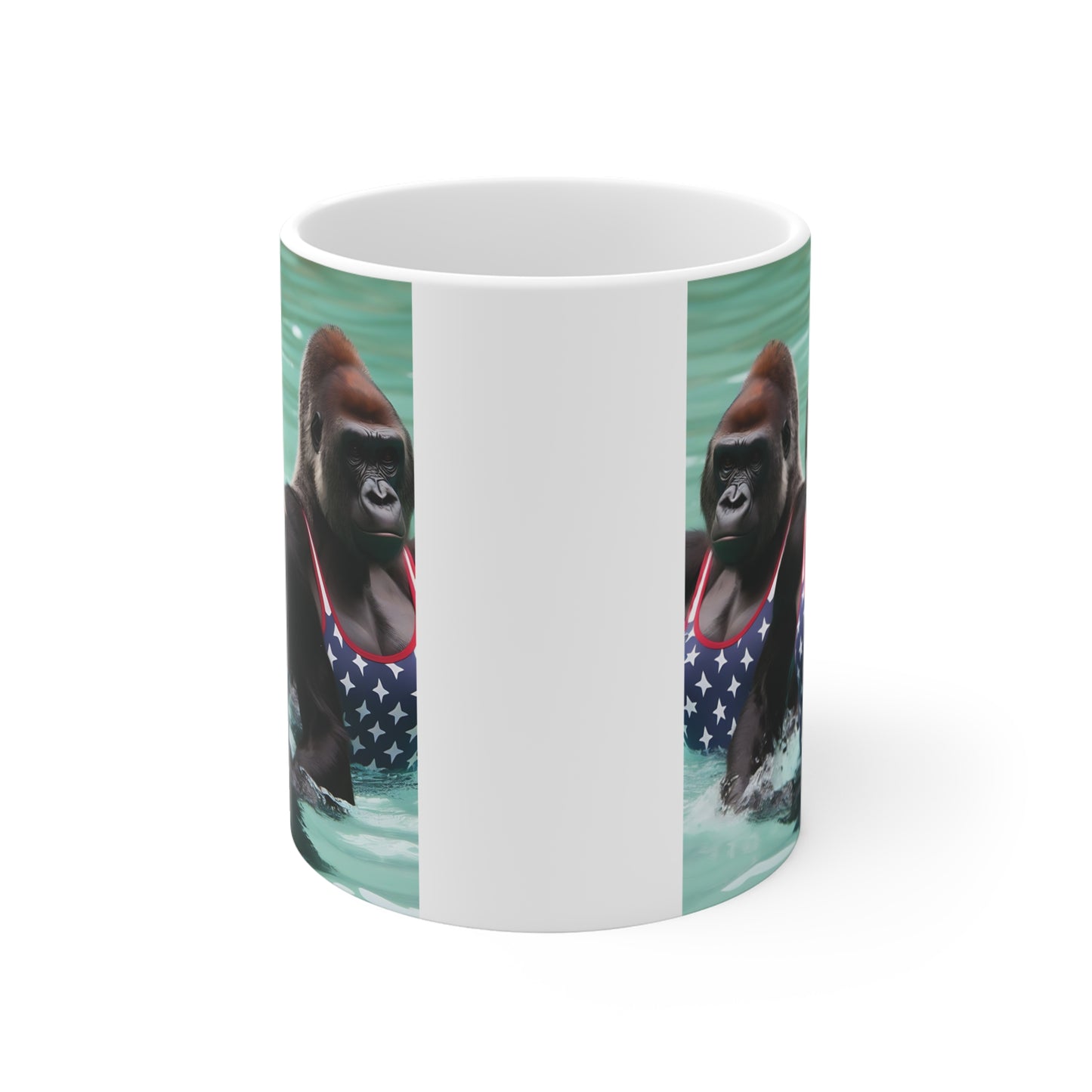 Funny gorilla swim team coffee mug with athletic ape swimmers and patriotic swimsuit artwork, novelty gift mug design