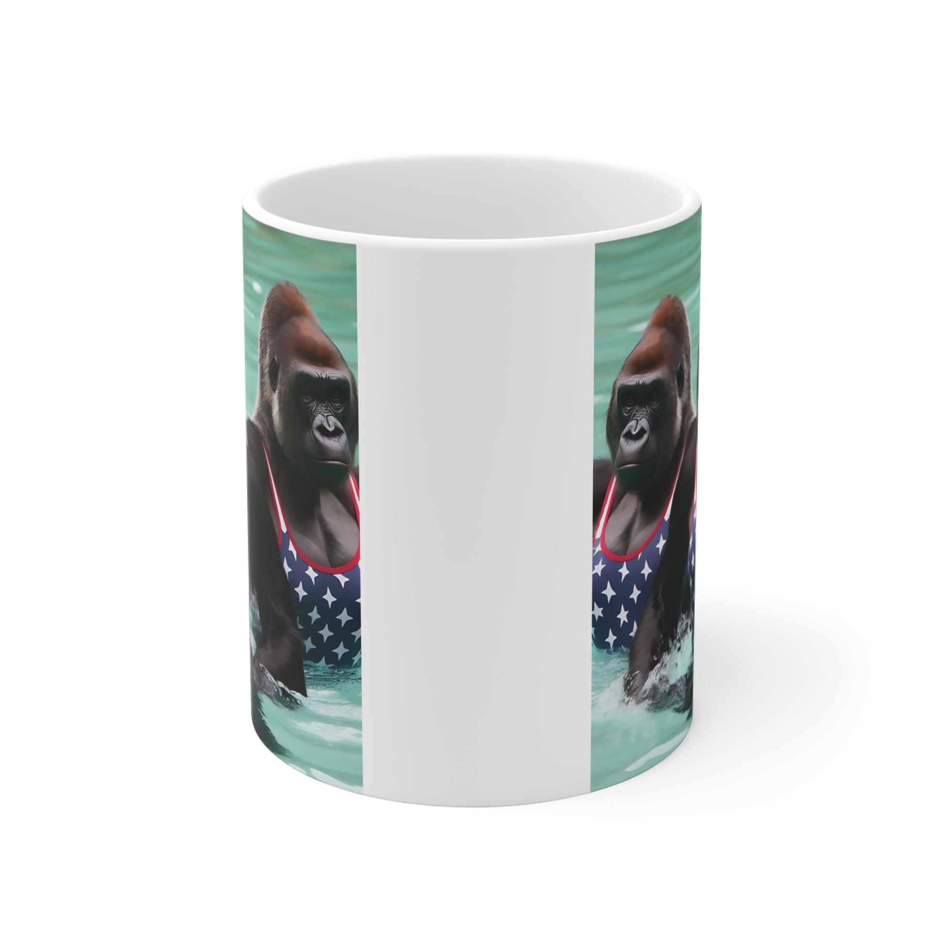 Funny gorilla swim team coffee mug with athletic ape swimmers and patriotic swimsuit artwork, novelty gift mug design