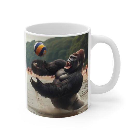 Funny gorilla volleyball mug featuring a powerful ape playing beach volleyball on a tropical shore ceramic coffee cup