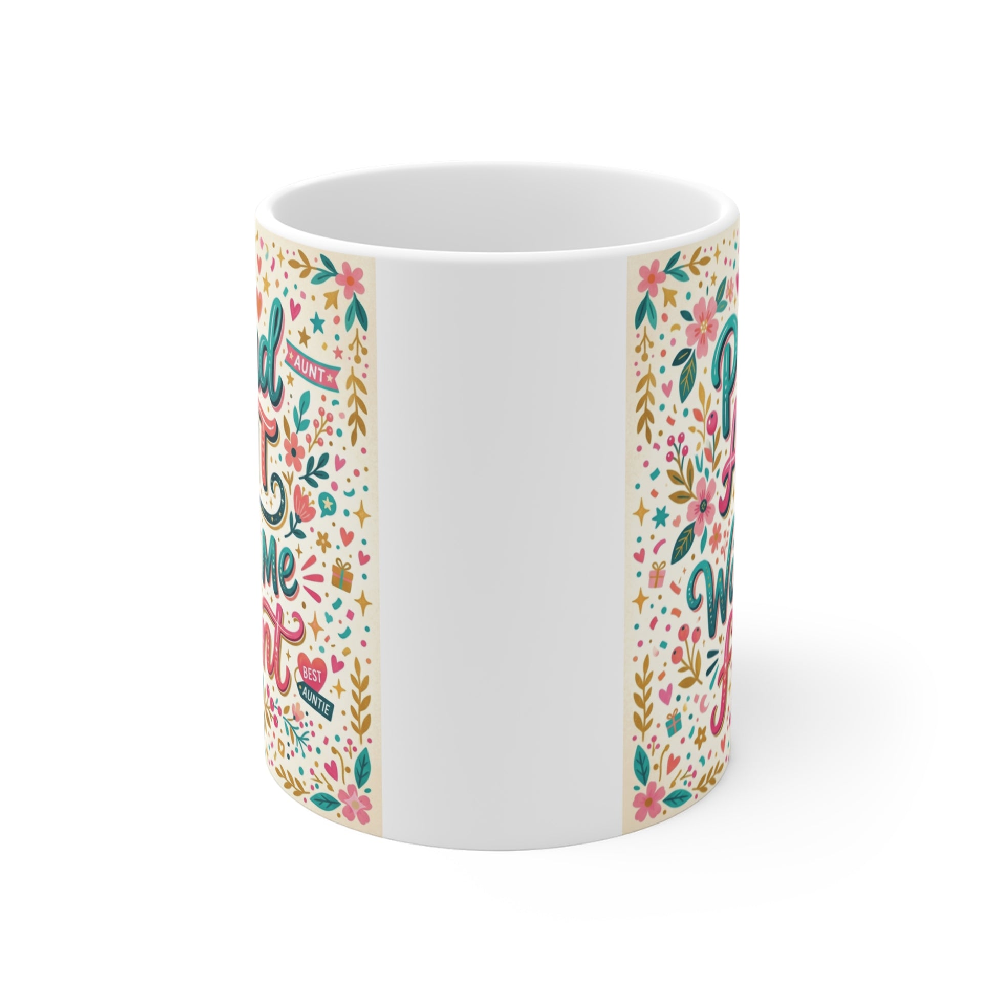 Cute proud aunt mug with vibrant flowers and playful typography, perfect funny gift for aunt birthday or Christmas