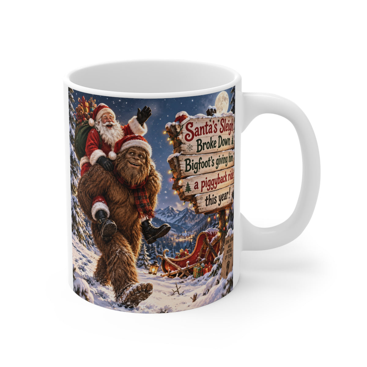 Funny Bigfoot Christmas 11oz mug featuring Sasquatch giving Santa a piggyback ride through a snowy Christmas scene.