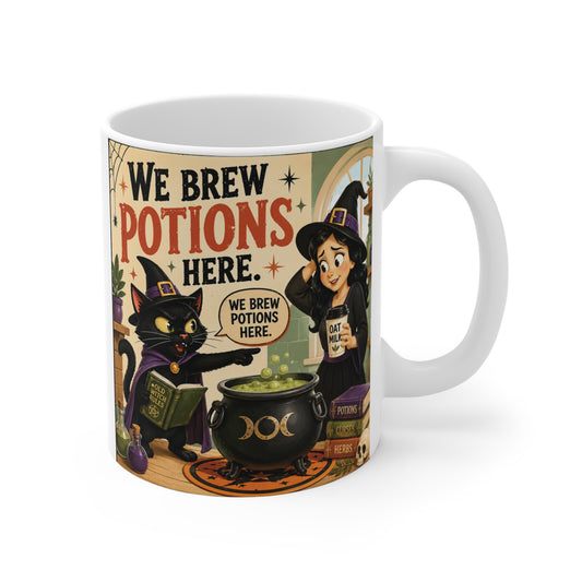 Funny black cat witch 11oz coffee mug with vintage retro Halloween artwork and the phrase "We Brew Potions Here."