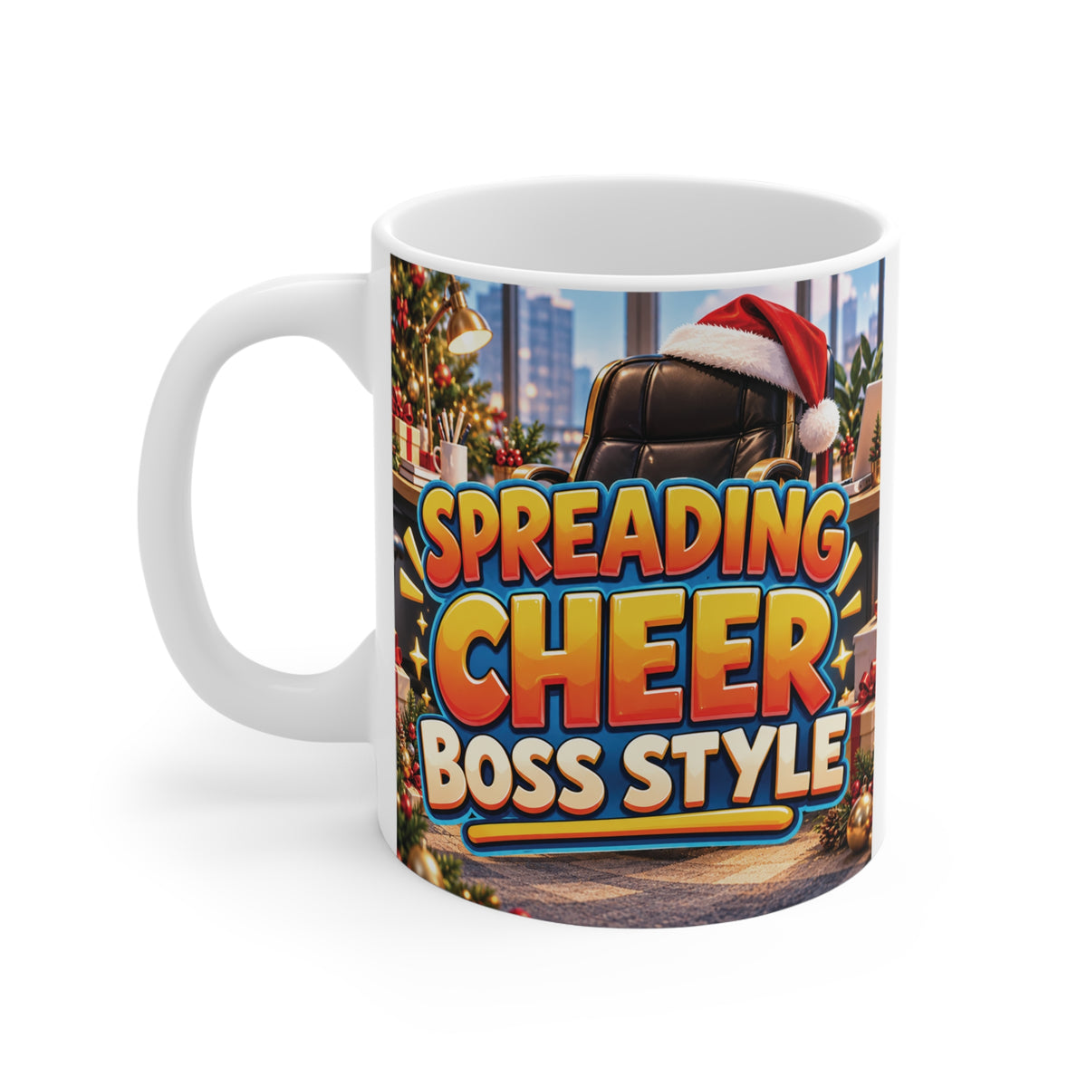 Spreading Cheer Boss Style 11oz ceramic mug with vibrant 3D lettering and Christmas office artwork, a cheerful gift for managers.