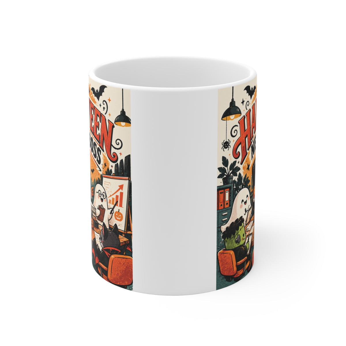 Funny boss Halloween coffee mug featuring retro orange and black spooky office artwork with pumpkins, ghosts and bats.