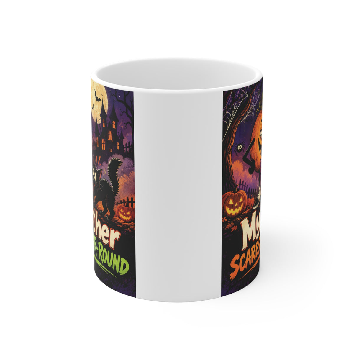 Funny brother Halloween 11oz coffee mug featuring a spooky jack-o’-lantern, black cat, full moon and Halloween artwork