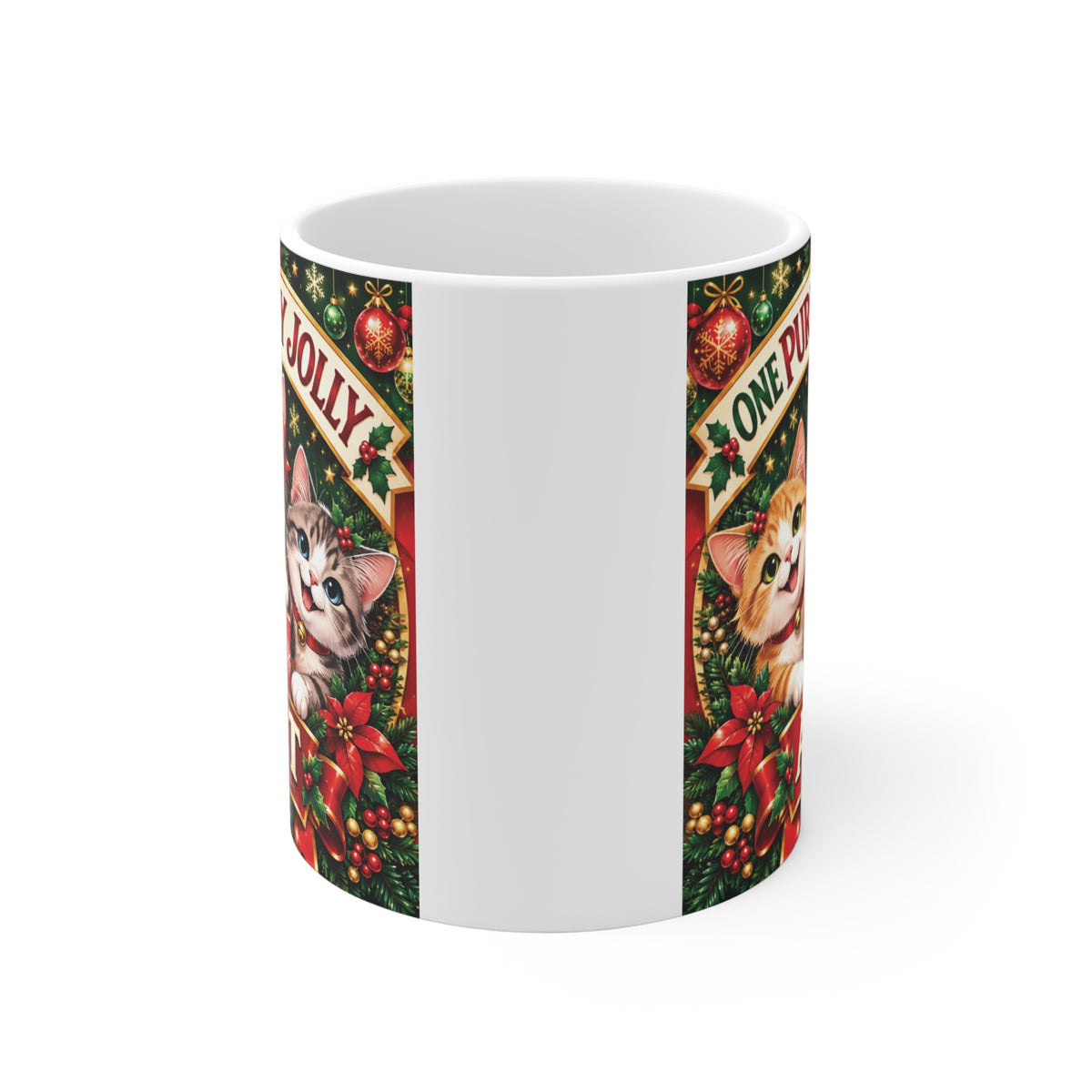 Front view of an 11oz Christmas coffee mug featuring three adorable kittens in Santa bows and a "One Purrfectly Jolly Aunt" banner.