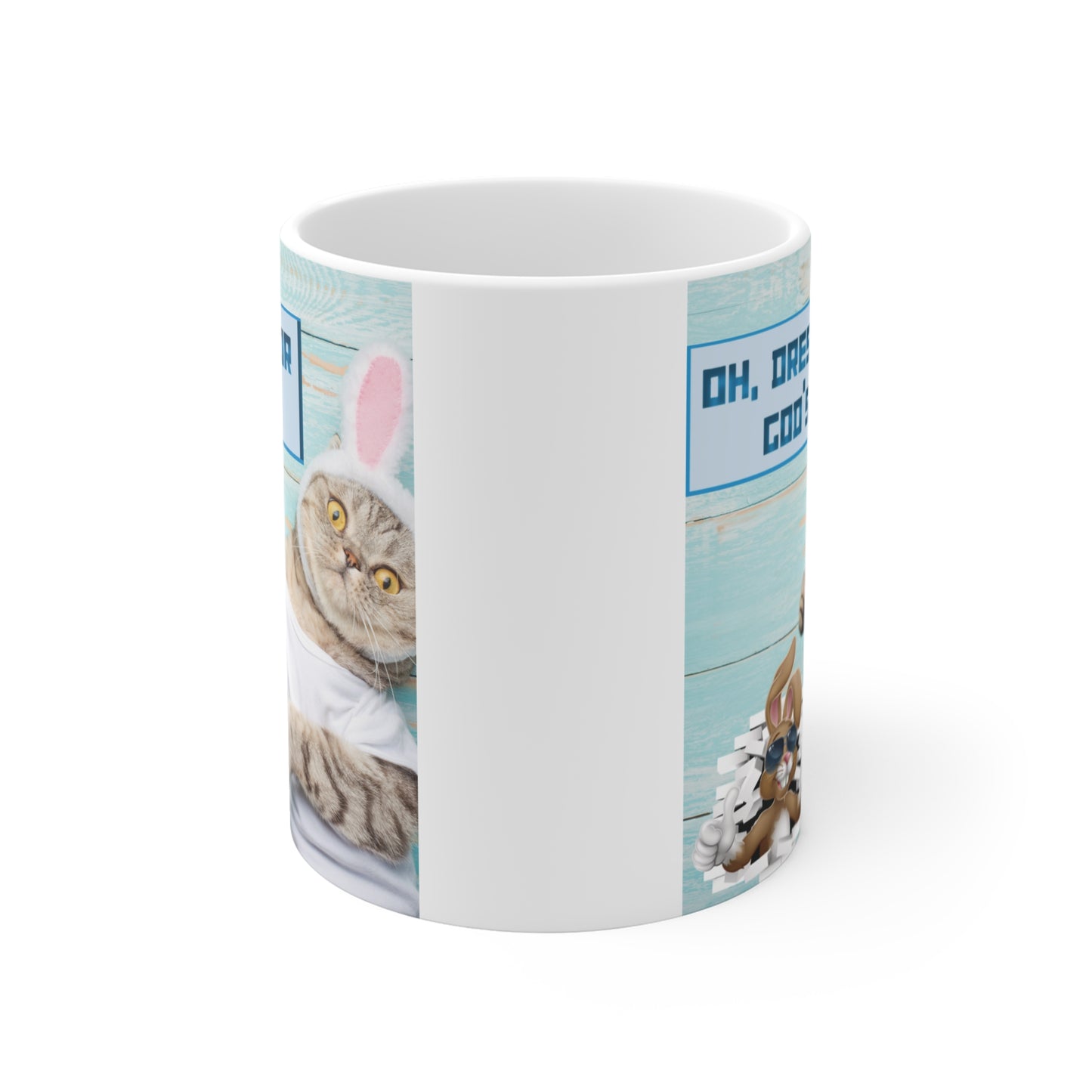 Humorous cat coffee mug featuring cat in bunny outfit with playful ‘dressed for cod’s sake’ text and cute cartoon bunny graphic