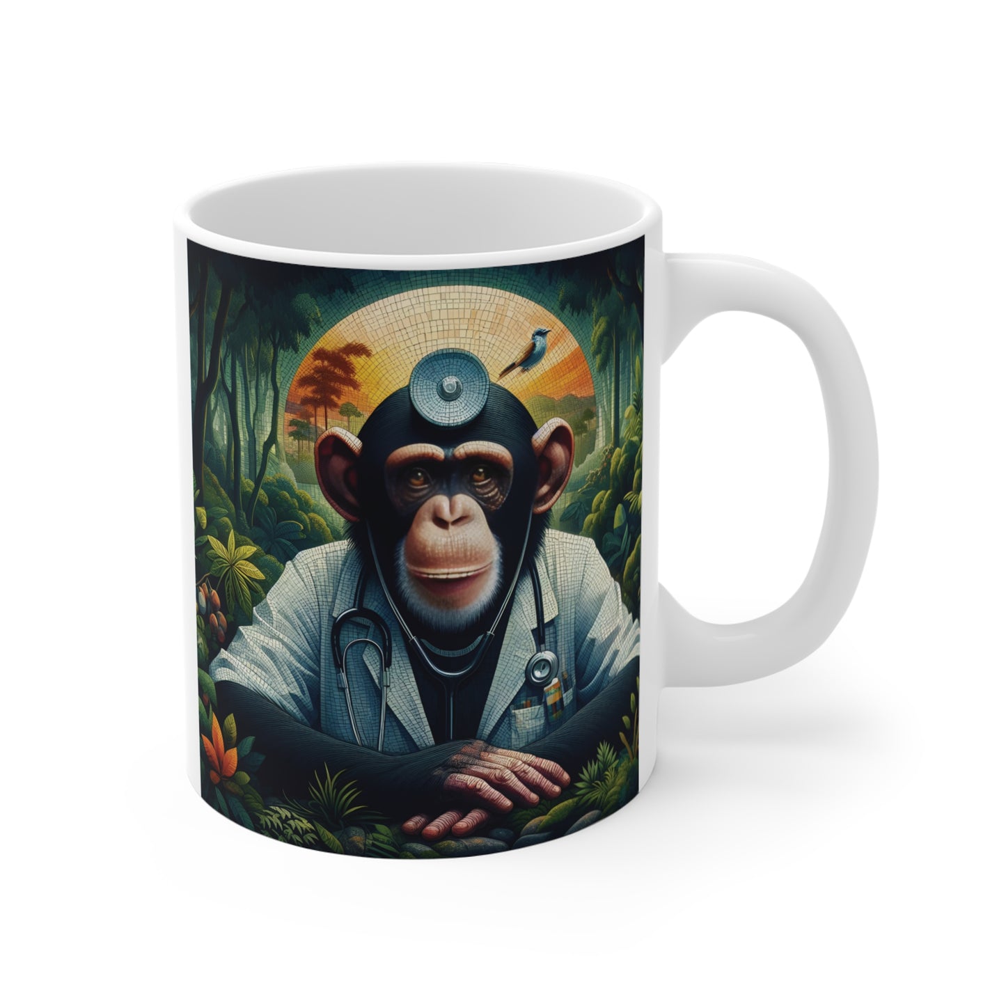 A white ceramic coffee mug featuring an artistic illustration of a chimpanzee doctor wearing a white lab coat, stethoscope, and head mirror in a jungle setting.