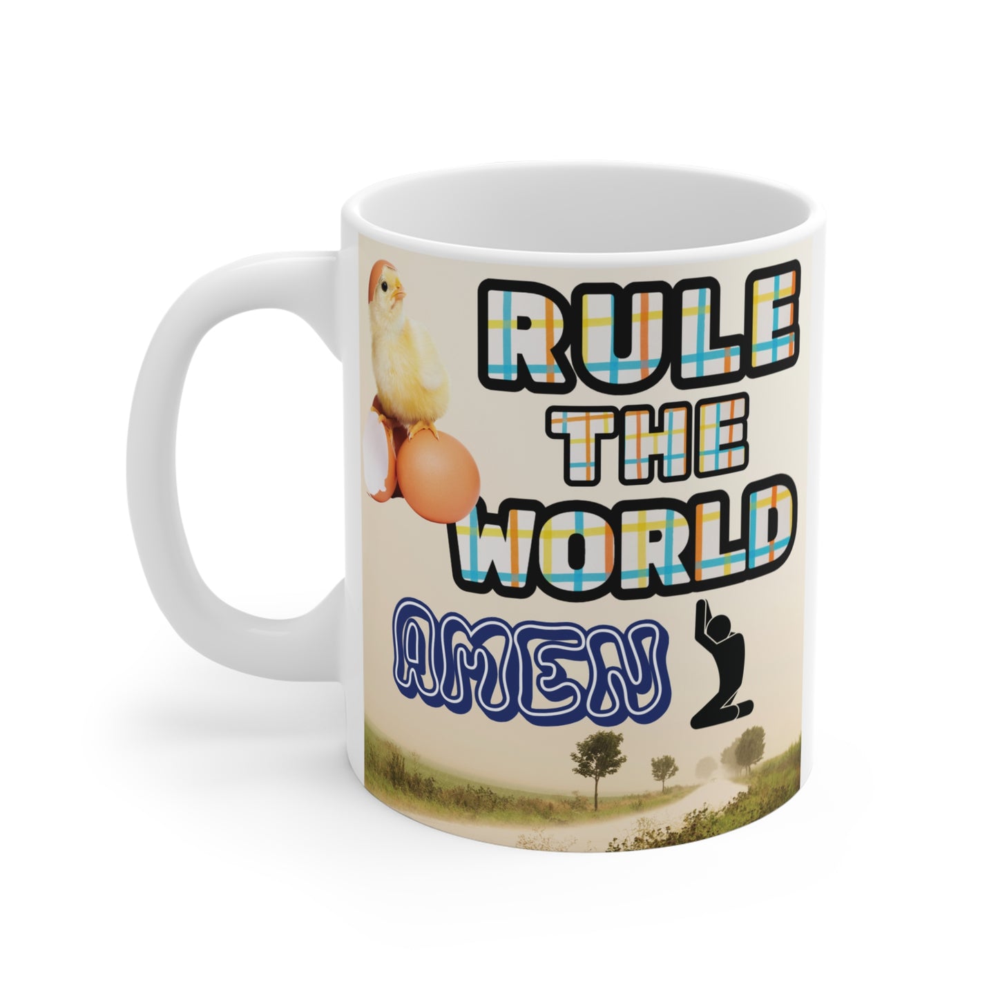 Christian Easter mug with ‘Rule the World Amen’ text, chick standing on egg, and praying silhouette on countryside background