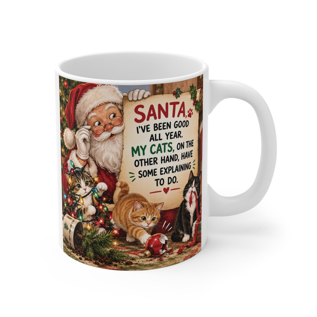 Funny Christmas cat mug with Santa and three mischievous cats, festive 11oz coffee mug gift for cat lovers.